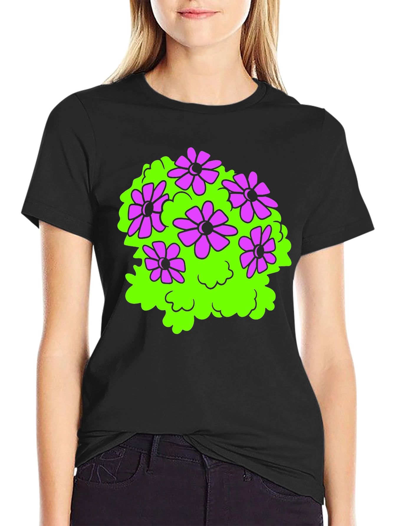 Black T-Shirt with Floral Bush Design