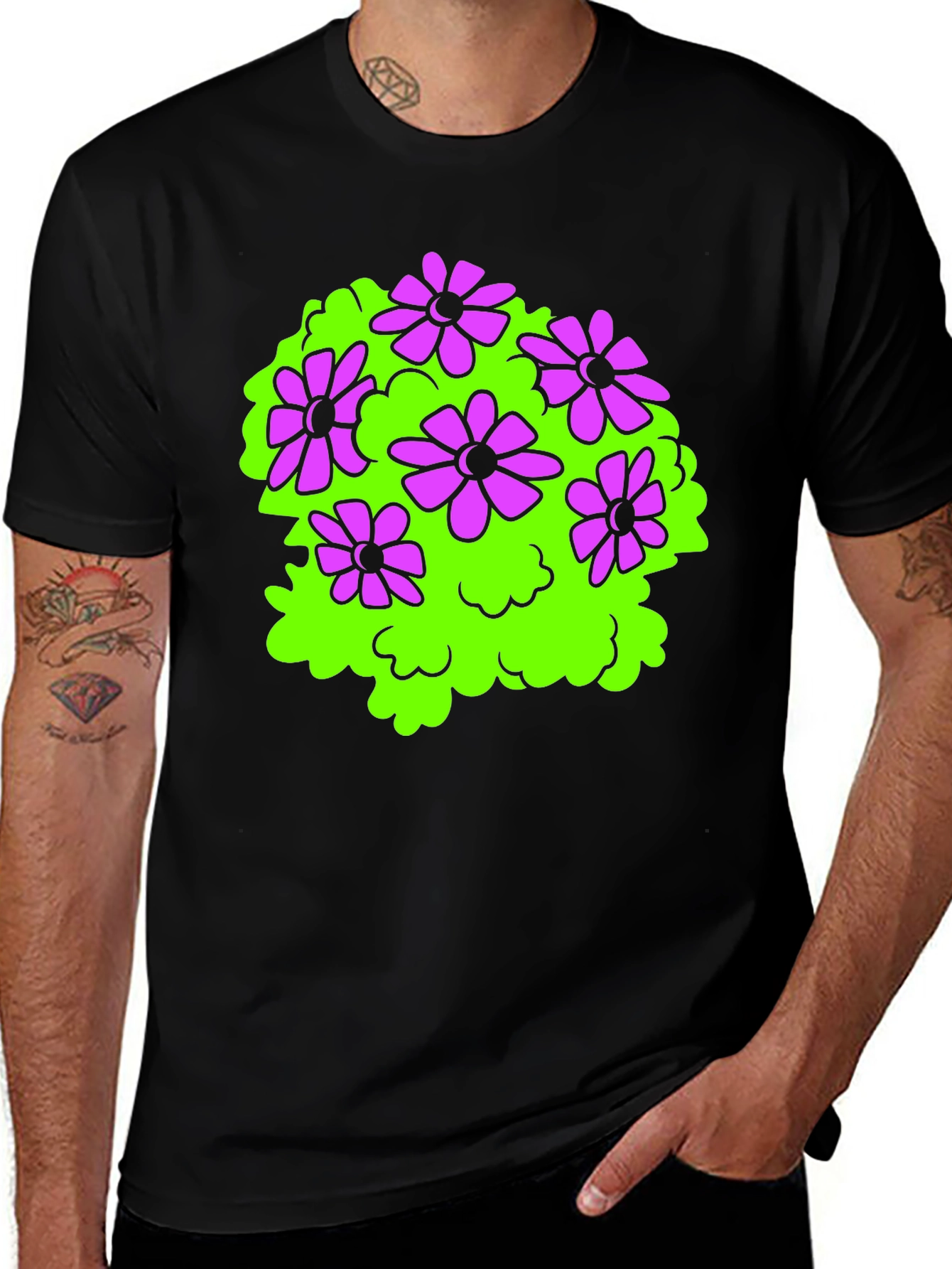 Black T-Shirt with Floral Bush Design