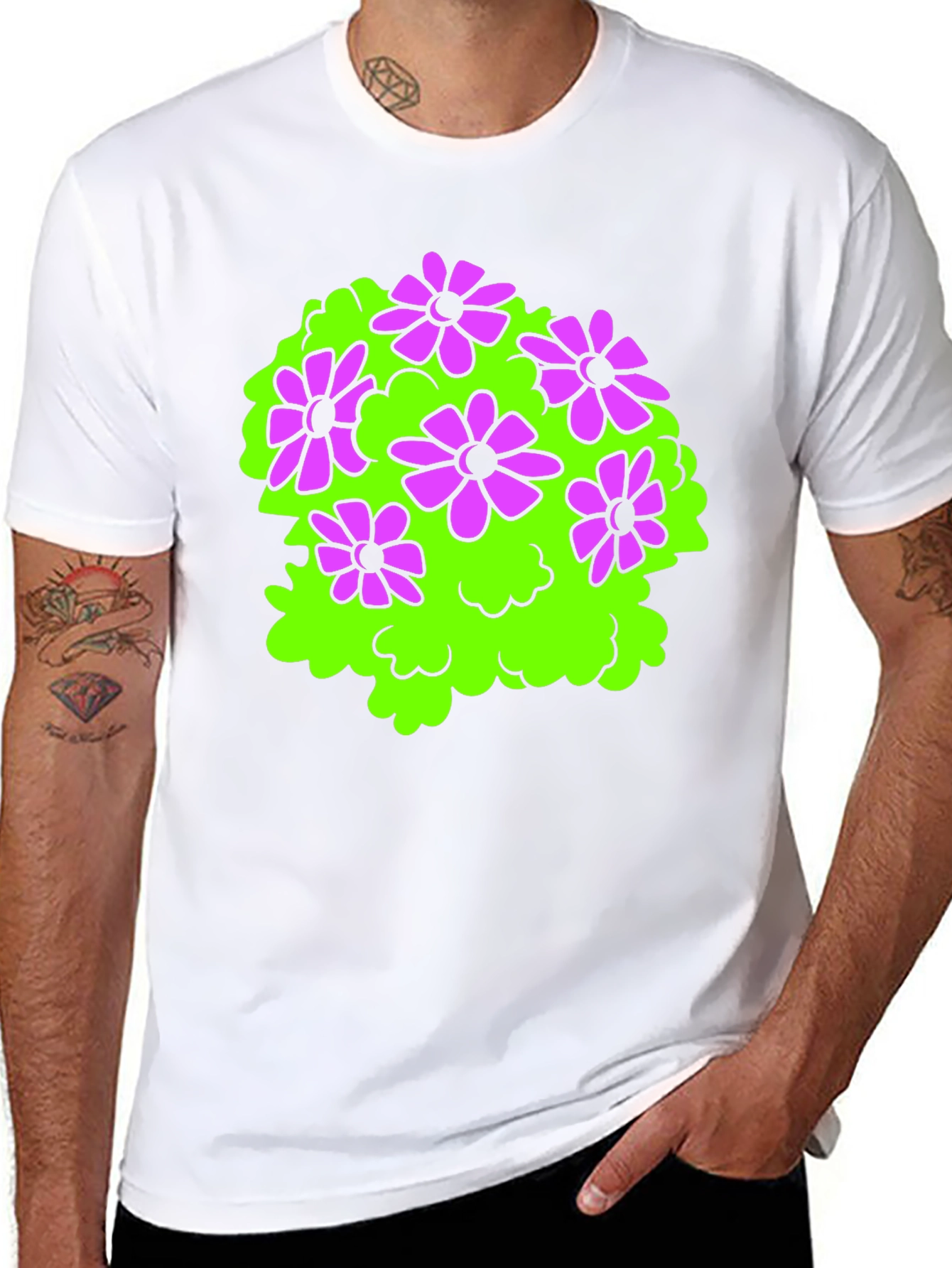 Black T-Shirt with Floral Bush Design