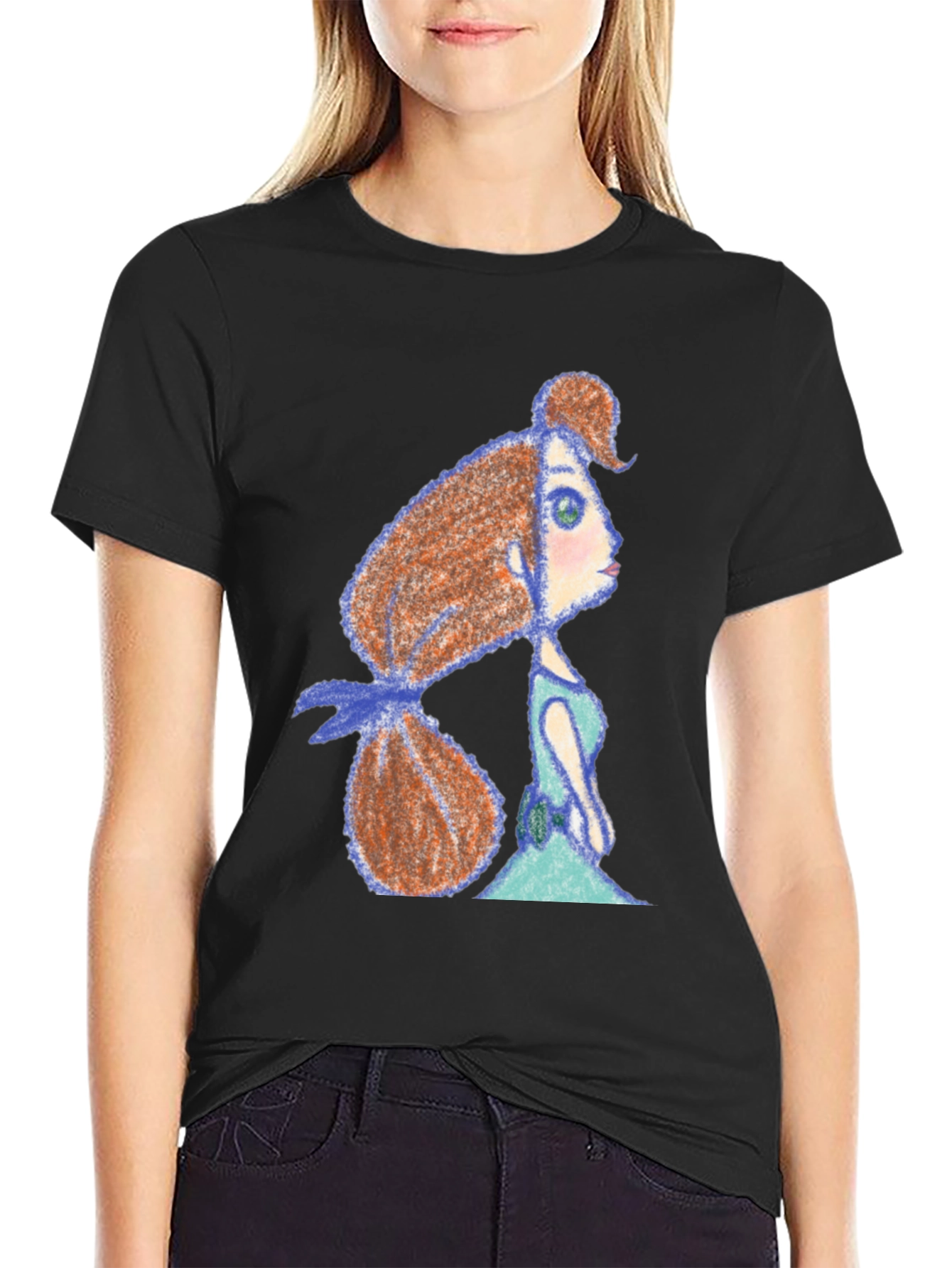 Whimsical Girl Print Black Tee