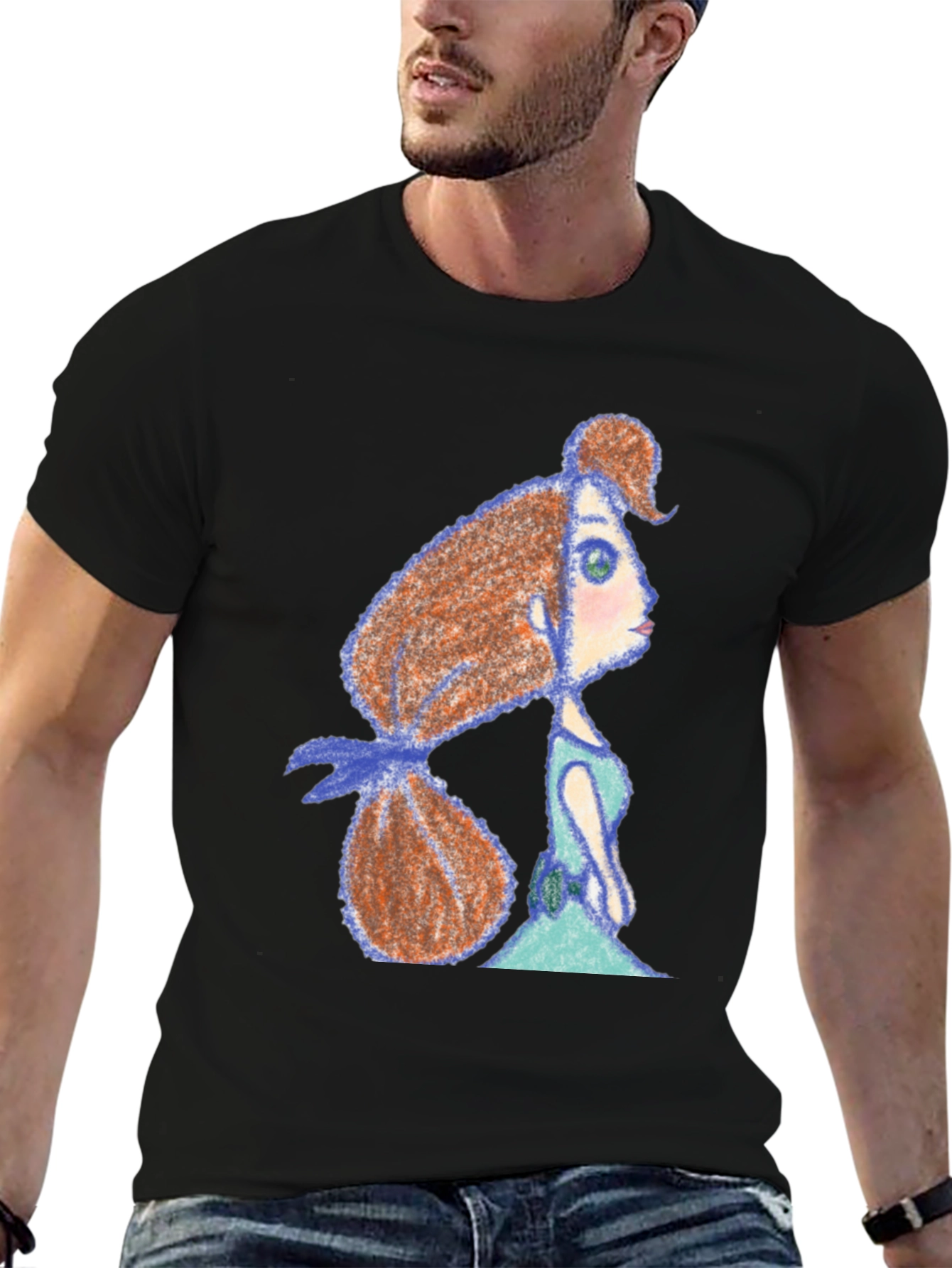 Whimsical Girl Print Black Tee