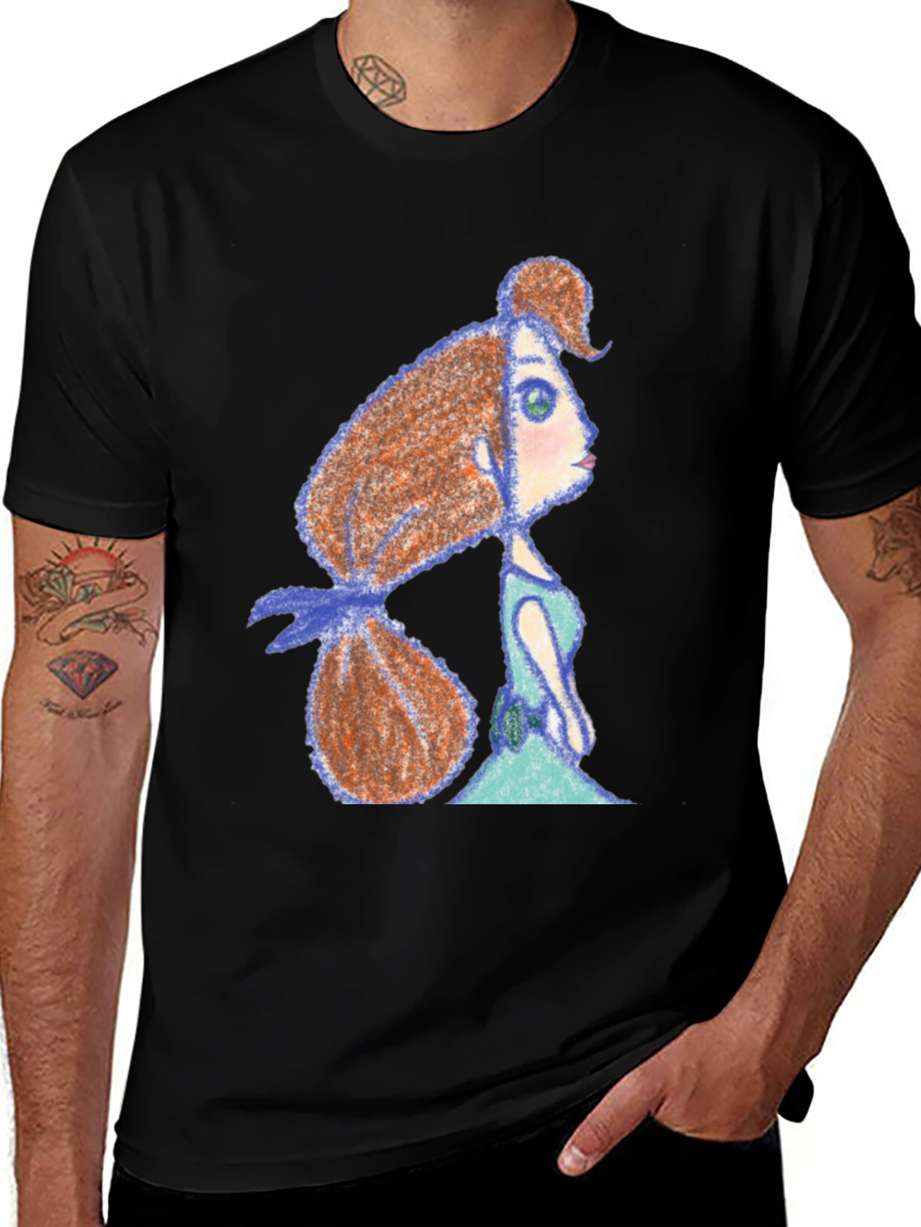 Whimsical Girl Print Black Tee