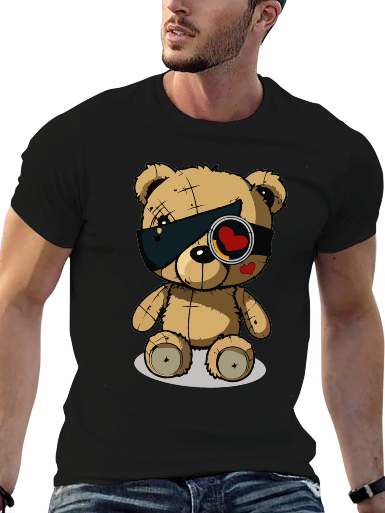 Trendy Black T-Shirt with Graphic Teddy Bear Design