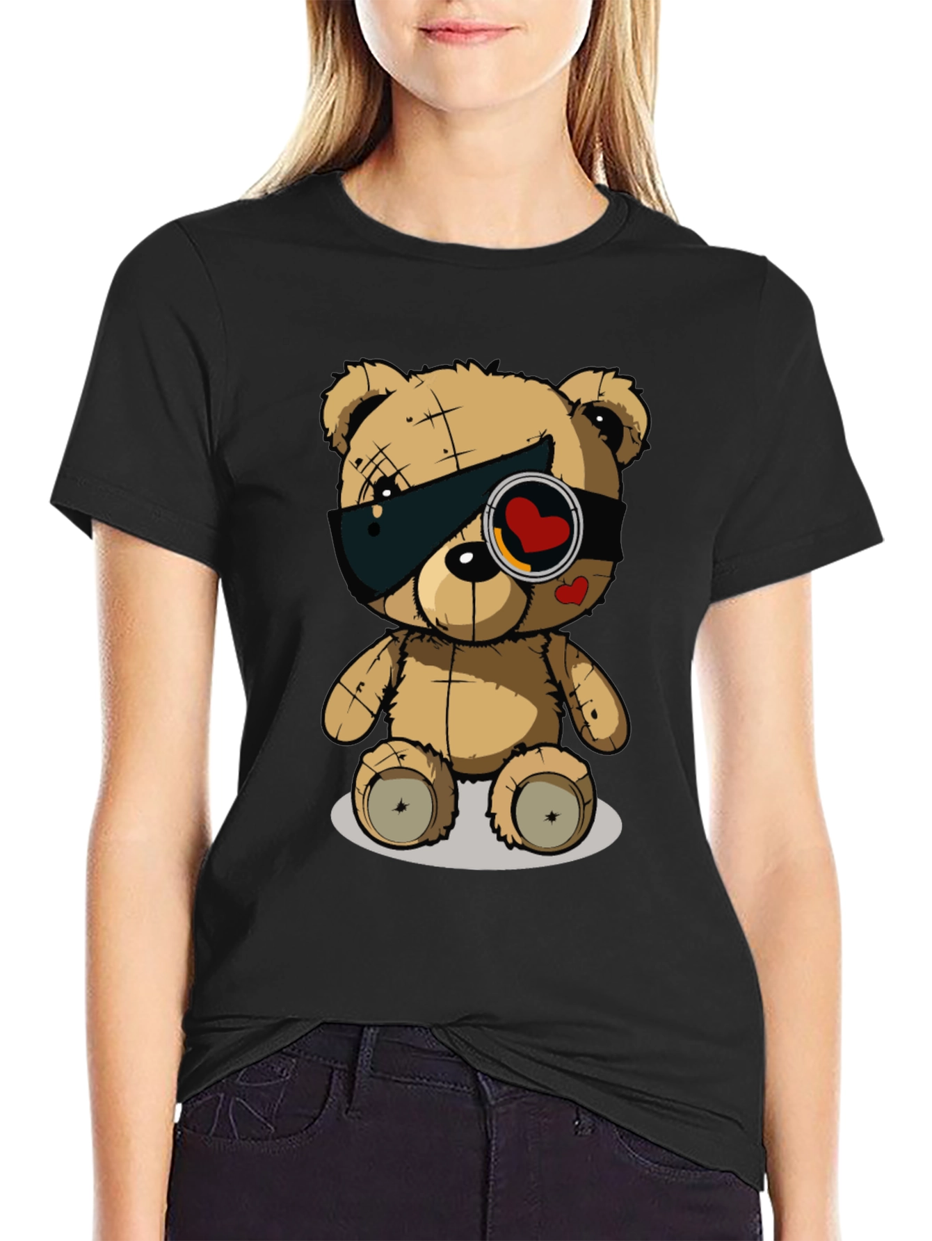 Trendy Black T-Shirt with Graphic Teddy Bear Design