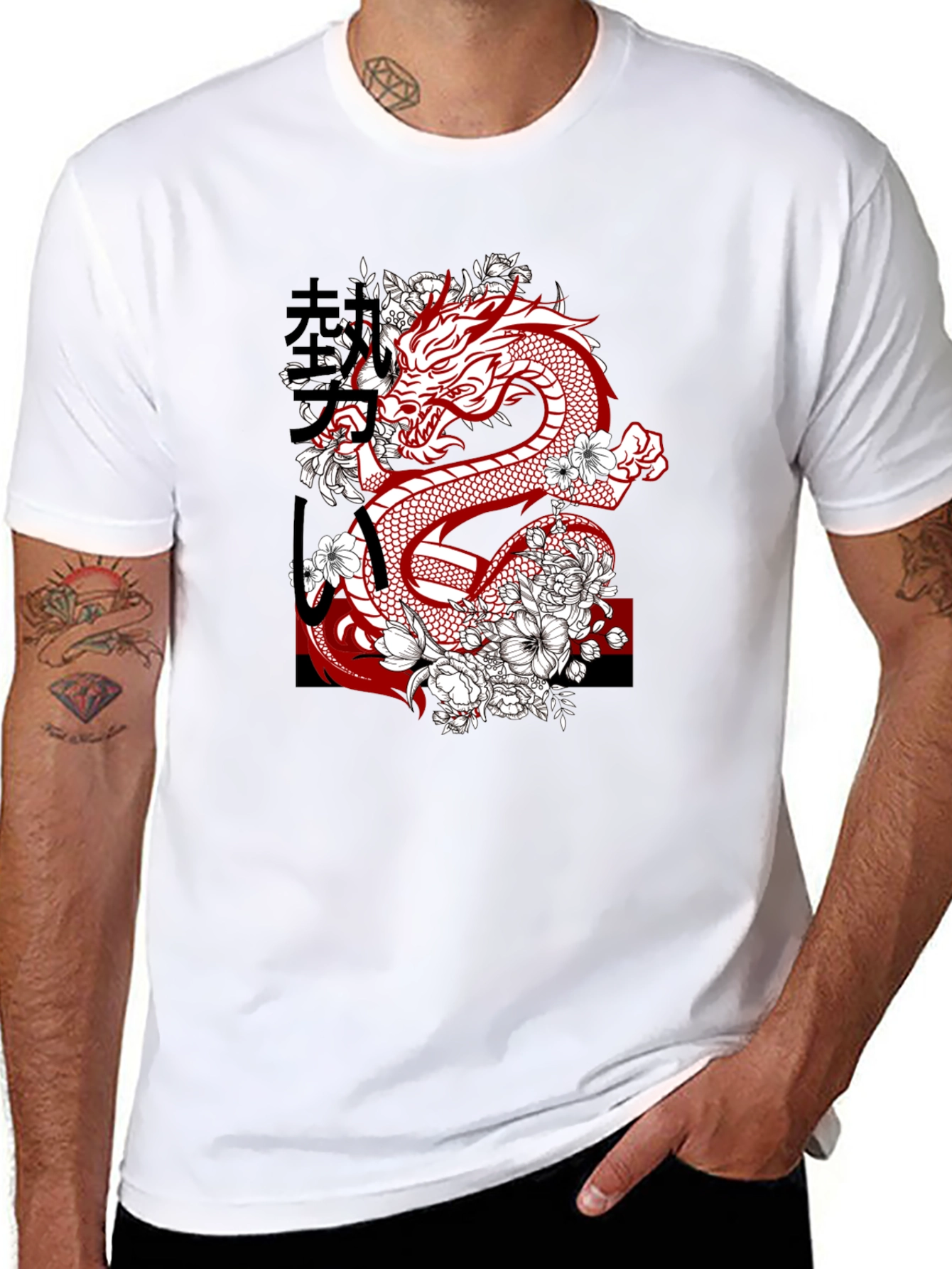 Dragon & Floral Graphic Print Mens Tee
