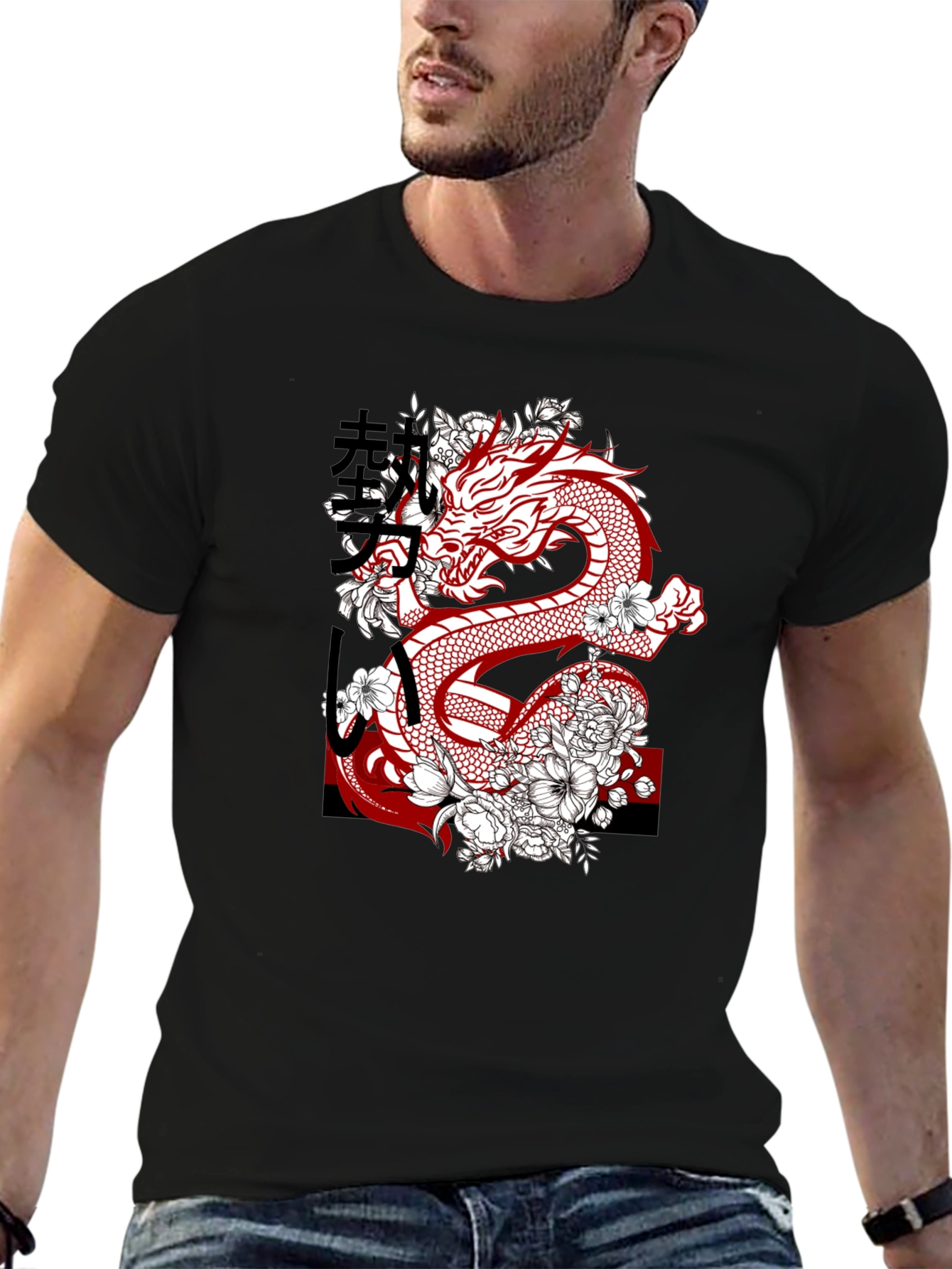 Dragon & Floral Graphic Print Mens Tee