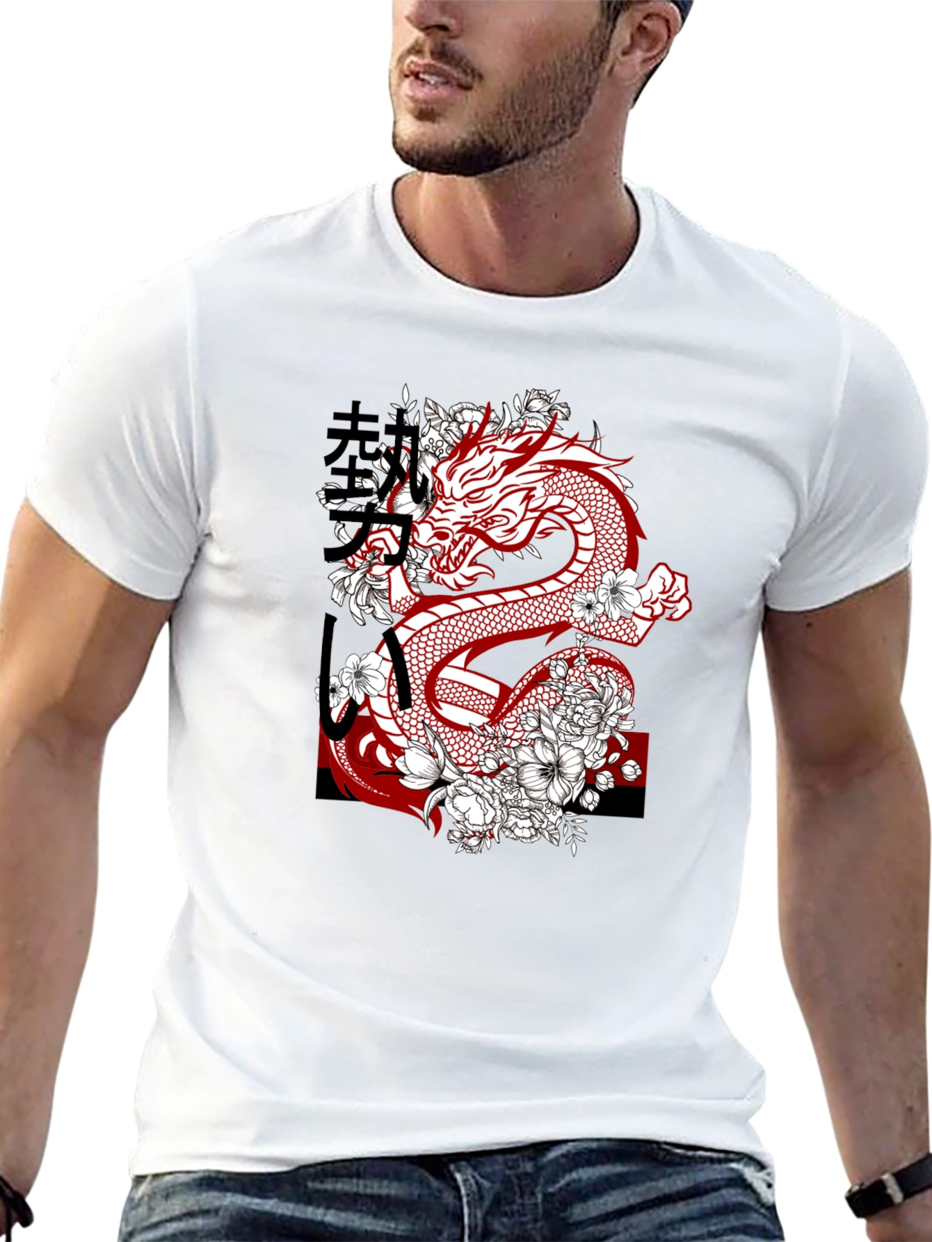 Dragon & Floral Graphic Print Mens Tee