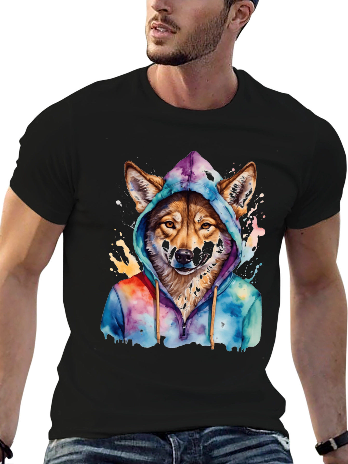 Wolf in Hoodie Graphic T-Shirt