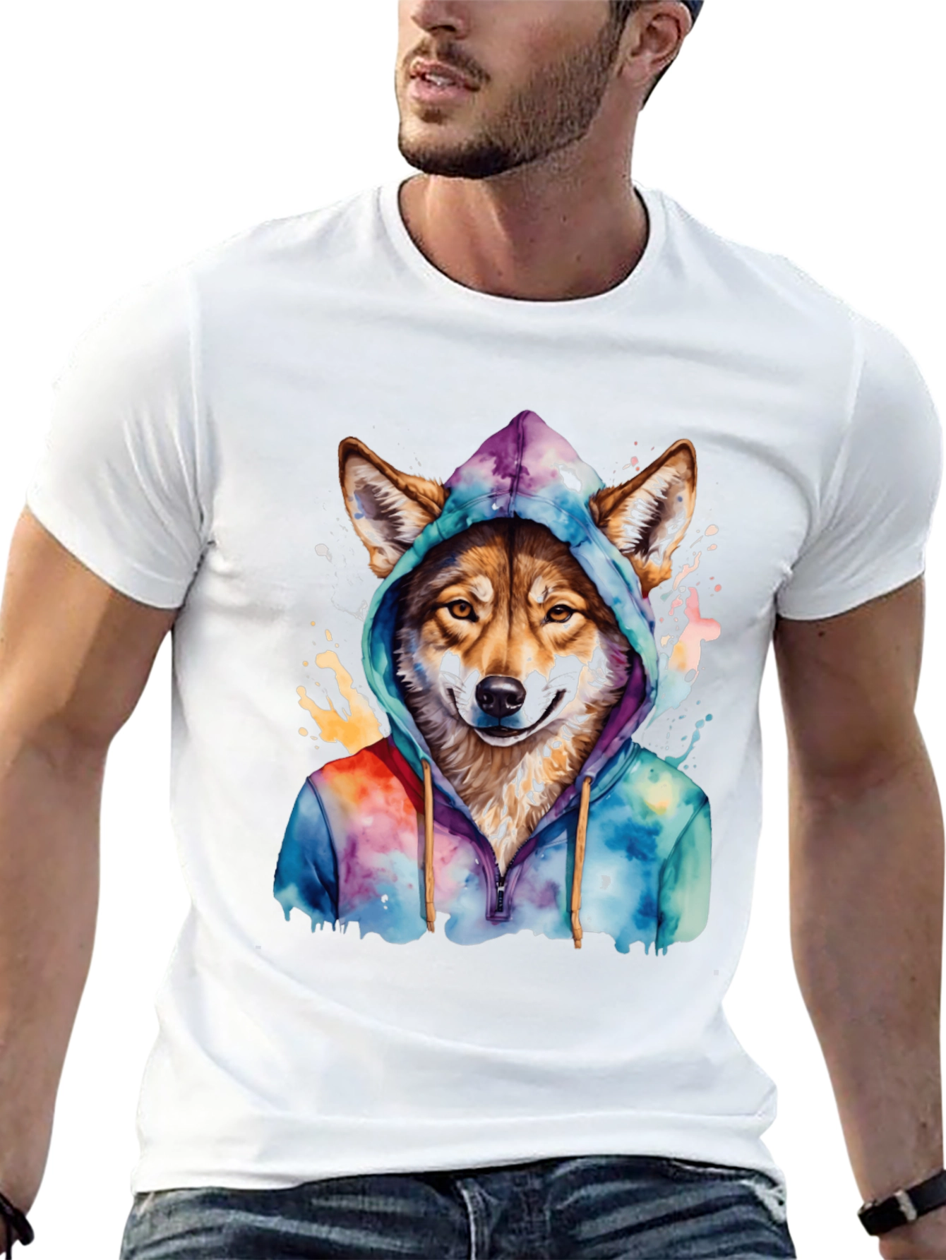 Wolf in Hoodie Graphic T-Shirt