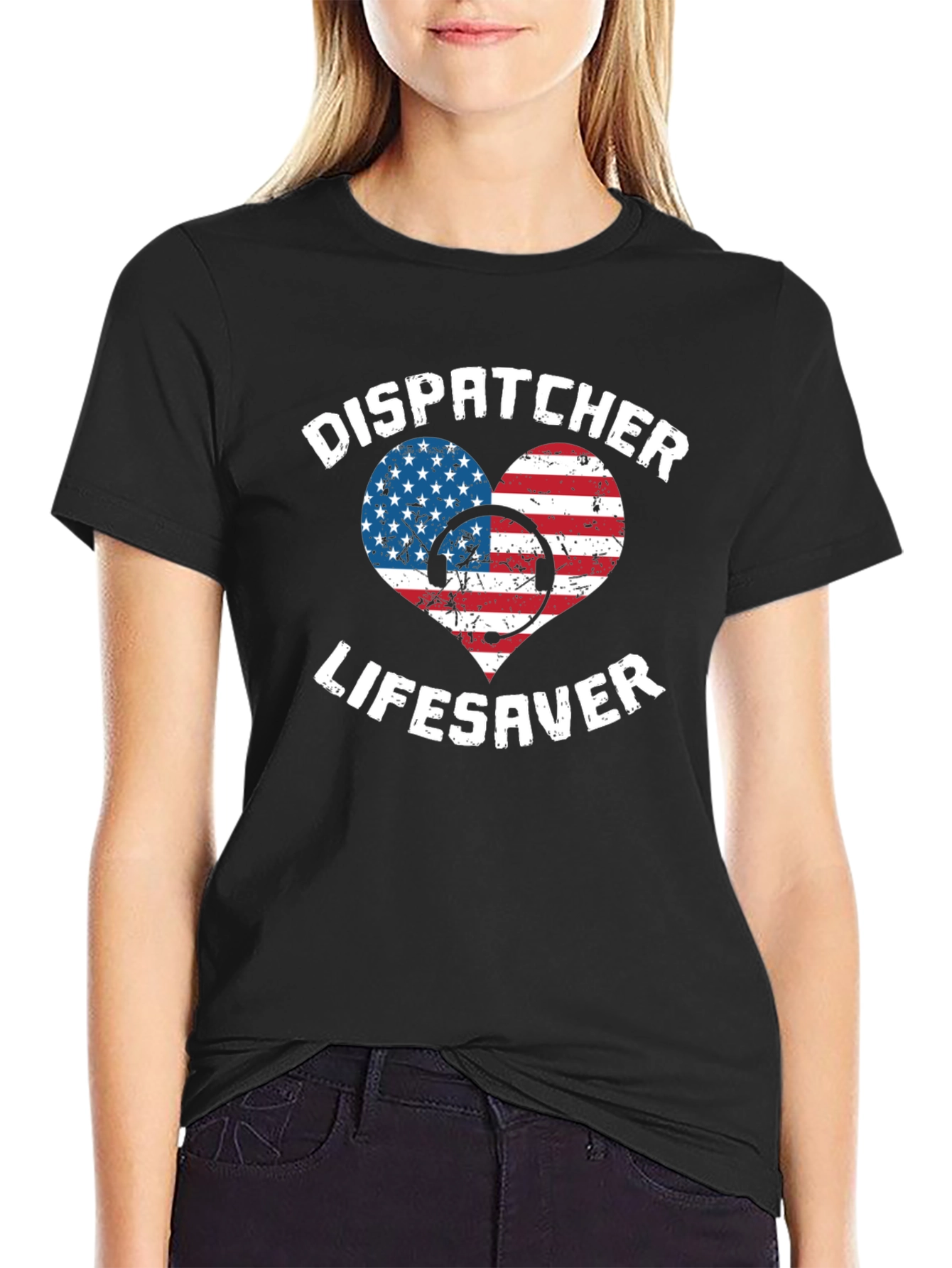 Dispatcher Lifesaver USA Flag Heart Graphic Tee