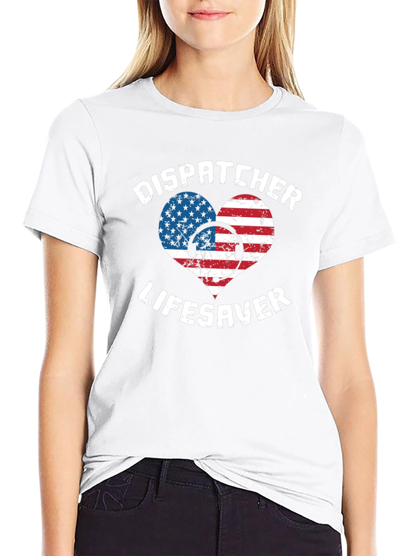 Dispatcher Lifesaver USA Flag Heart Graphic Tee