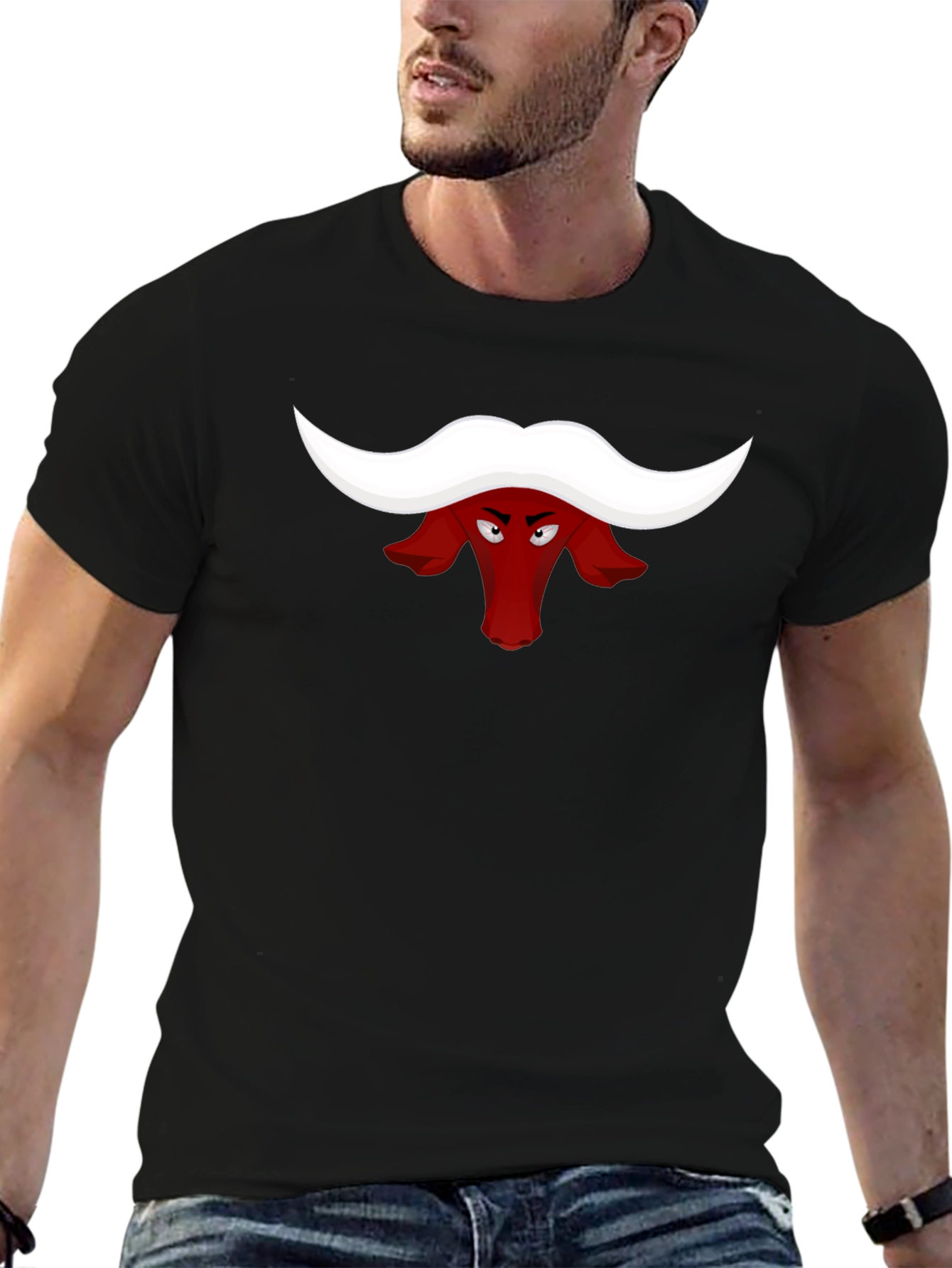 Red Bull Head Cartoon Black T-Shirt