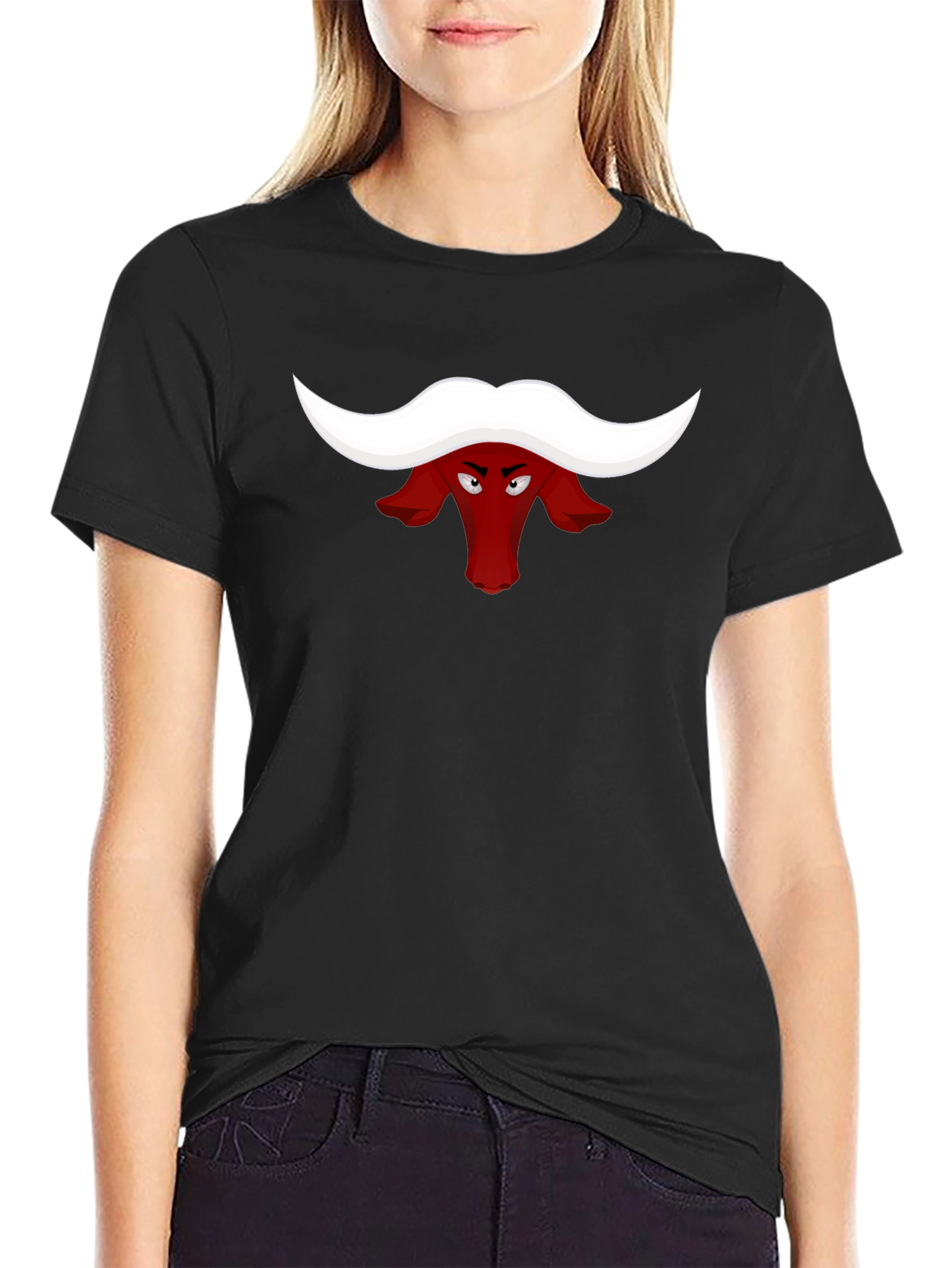 Red Bull Head Cartoon Black T-Shirt