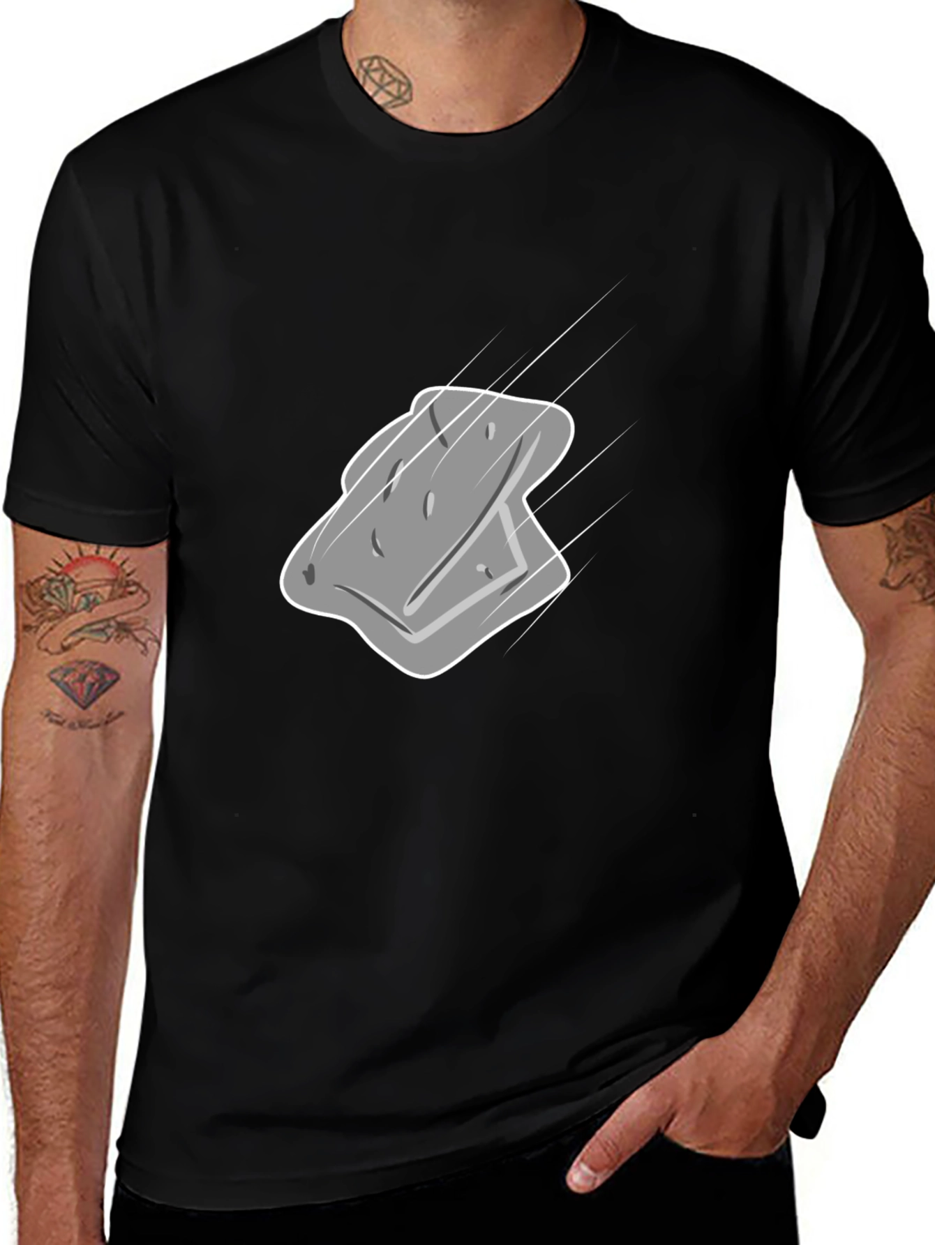 Mens Black T-Shirt with Gray Cartoon Sponge Design