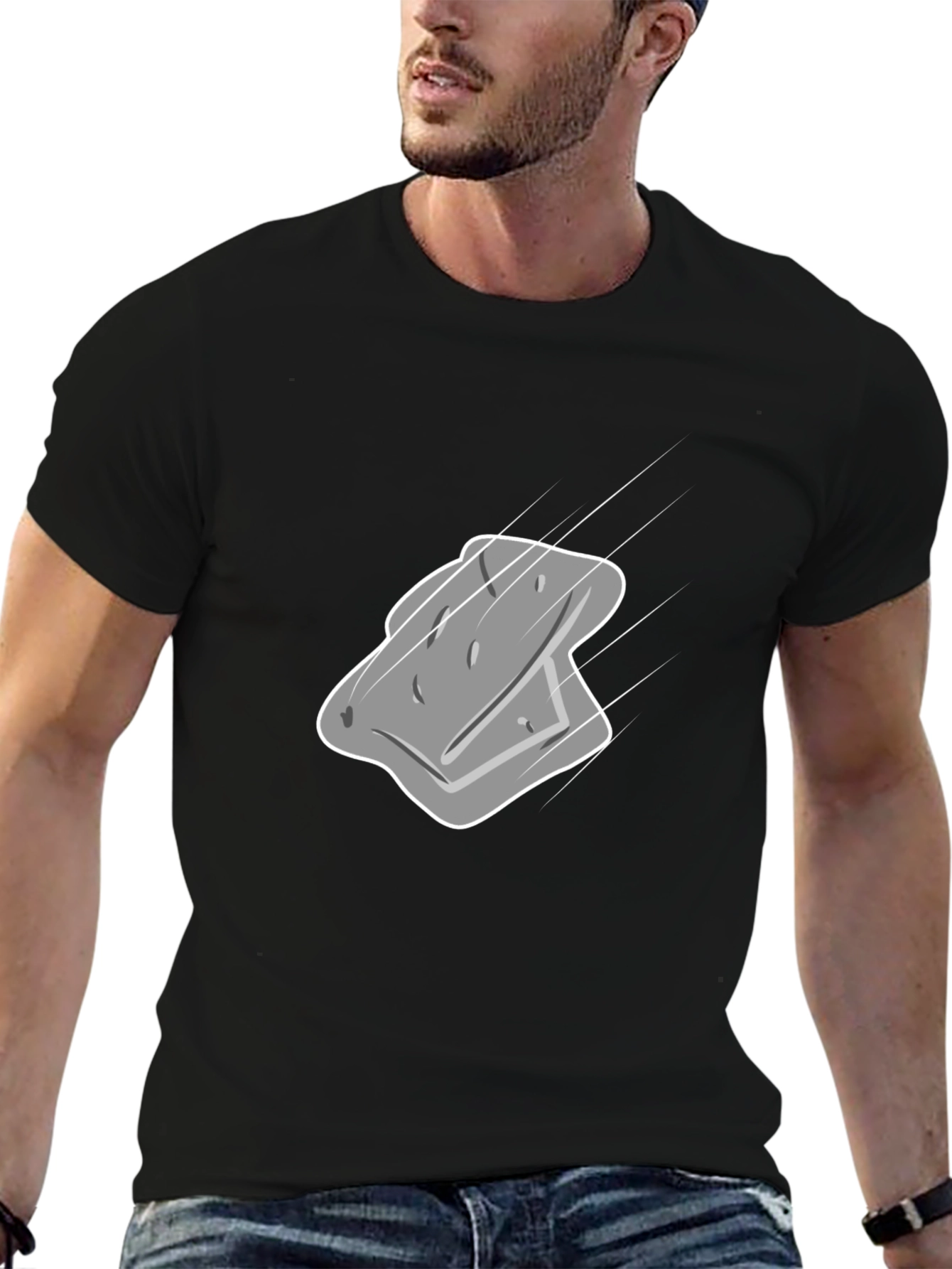 Mens Black T-Shirt with Gray Cartoon Sponge Design