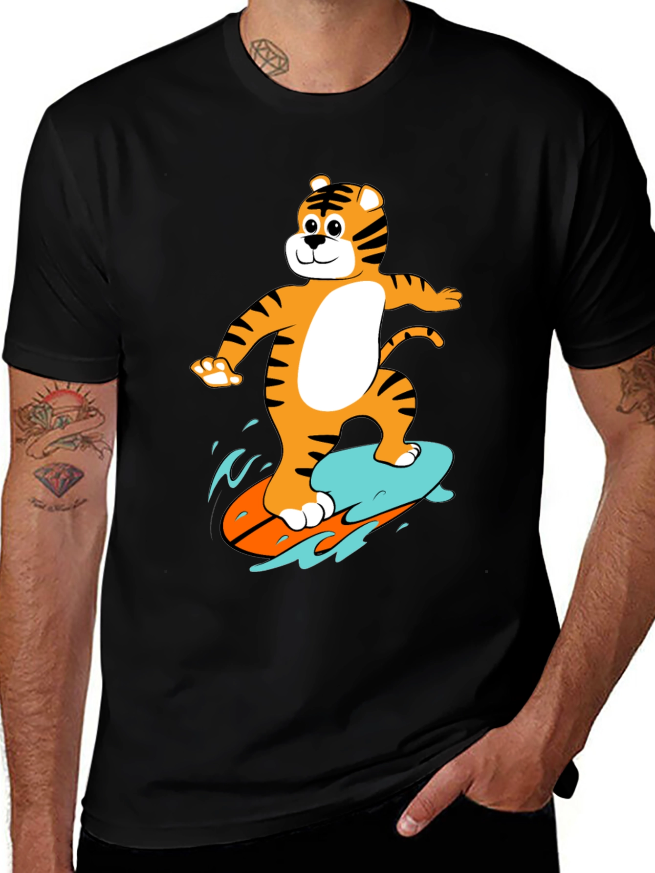 Tiger Surfing Graphic Tee - Black Cotton T-Shirt