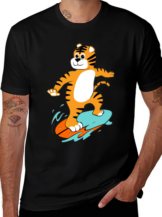 Tiger Surfing Graphic Tee - Black Cotton T-Shirt