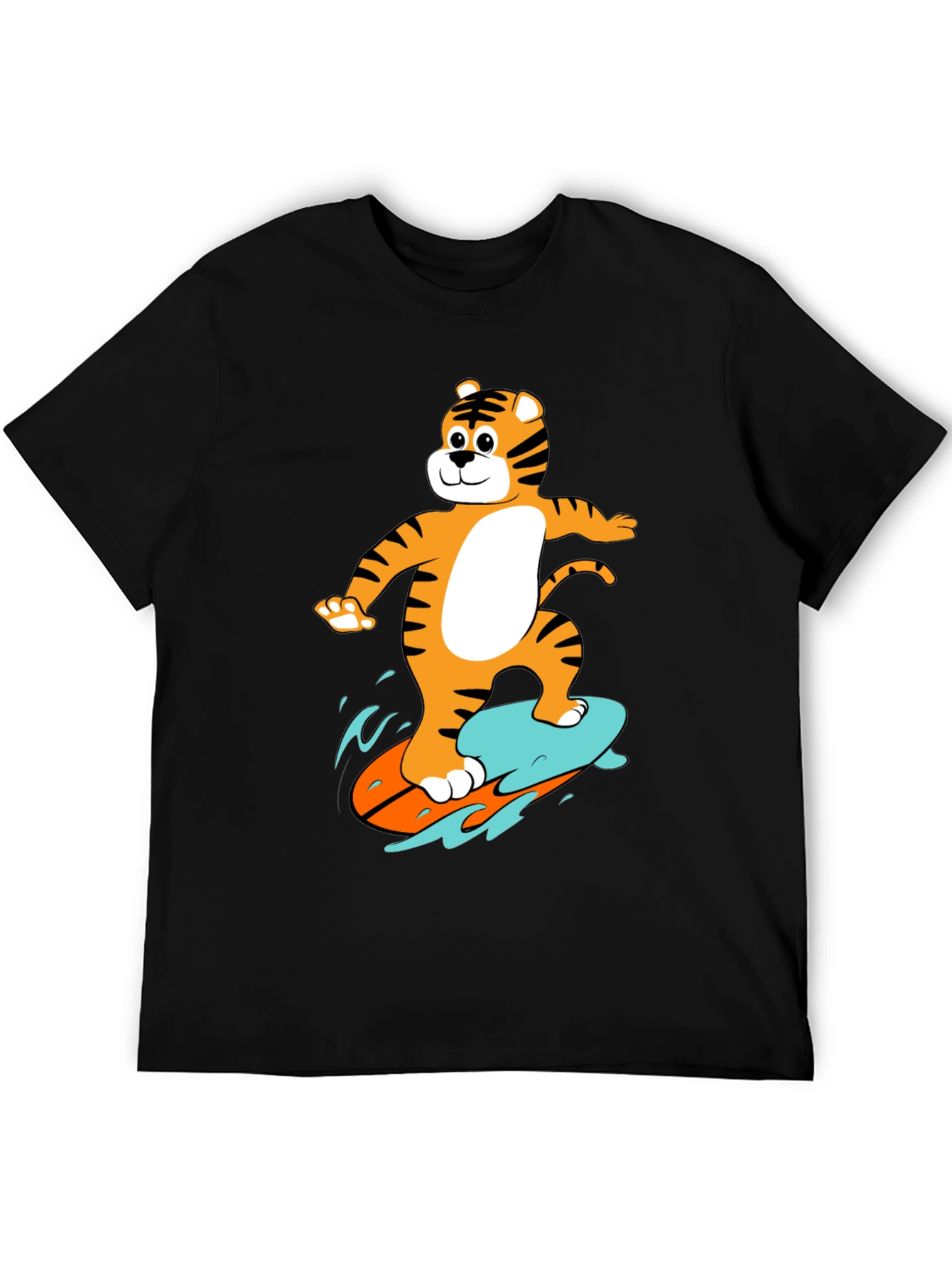 Tiger Surfing Graphic Tee - Black Cotton T-Shirt