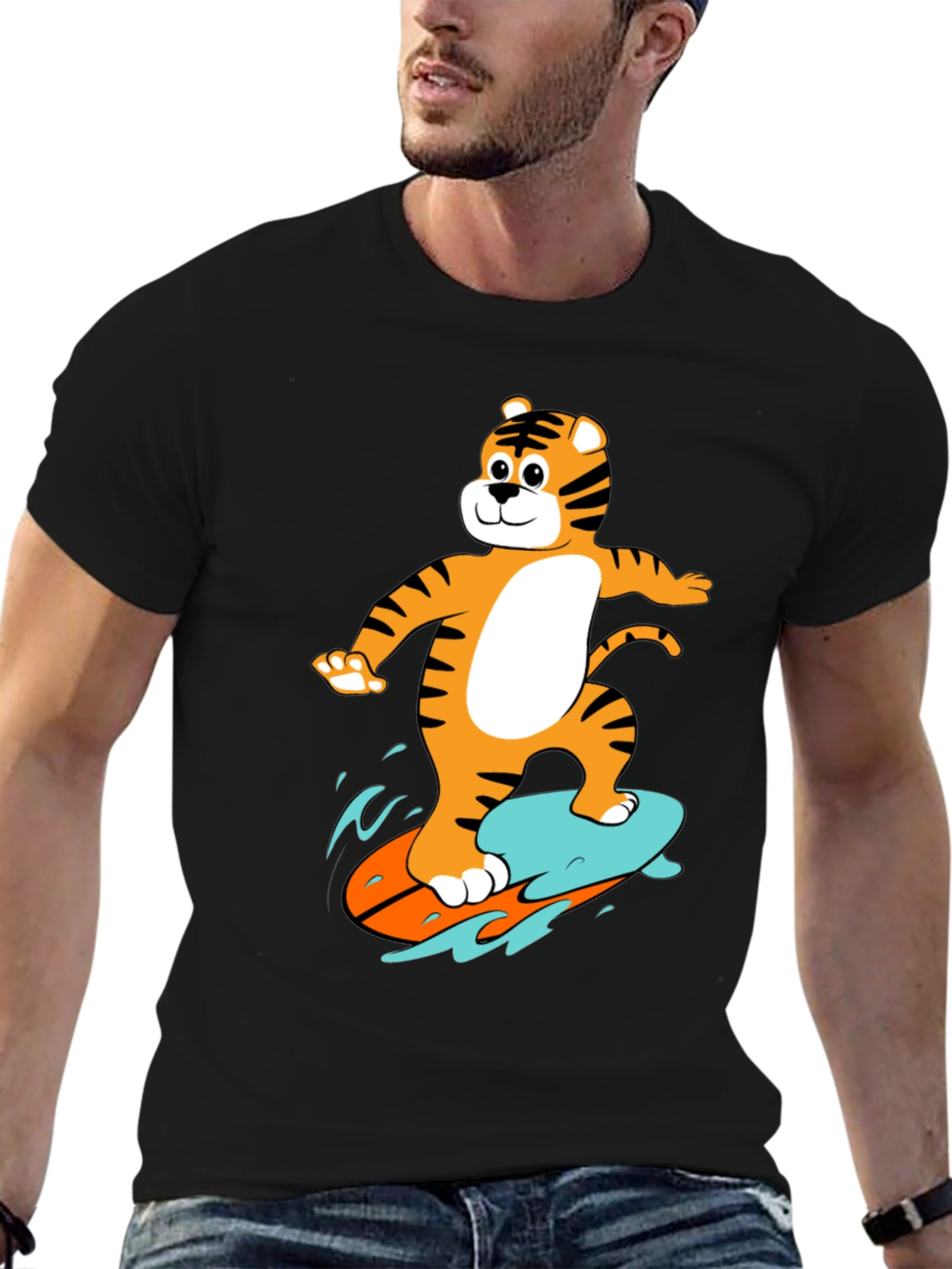 Tiger Surfing Graphic Tee - Black Cotton T-Shirt