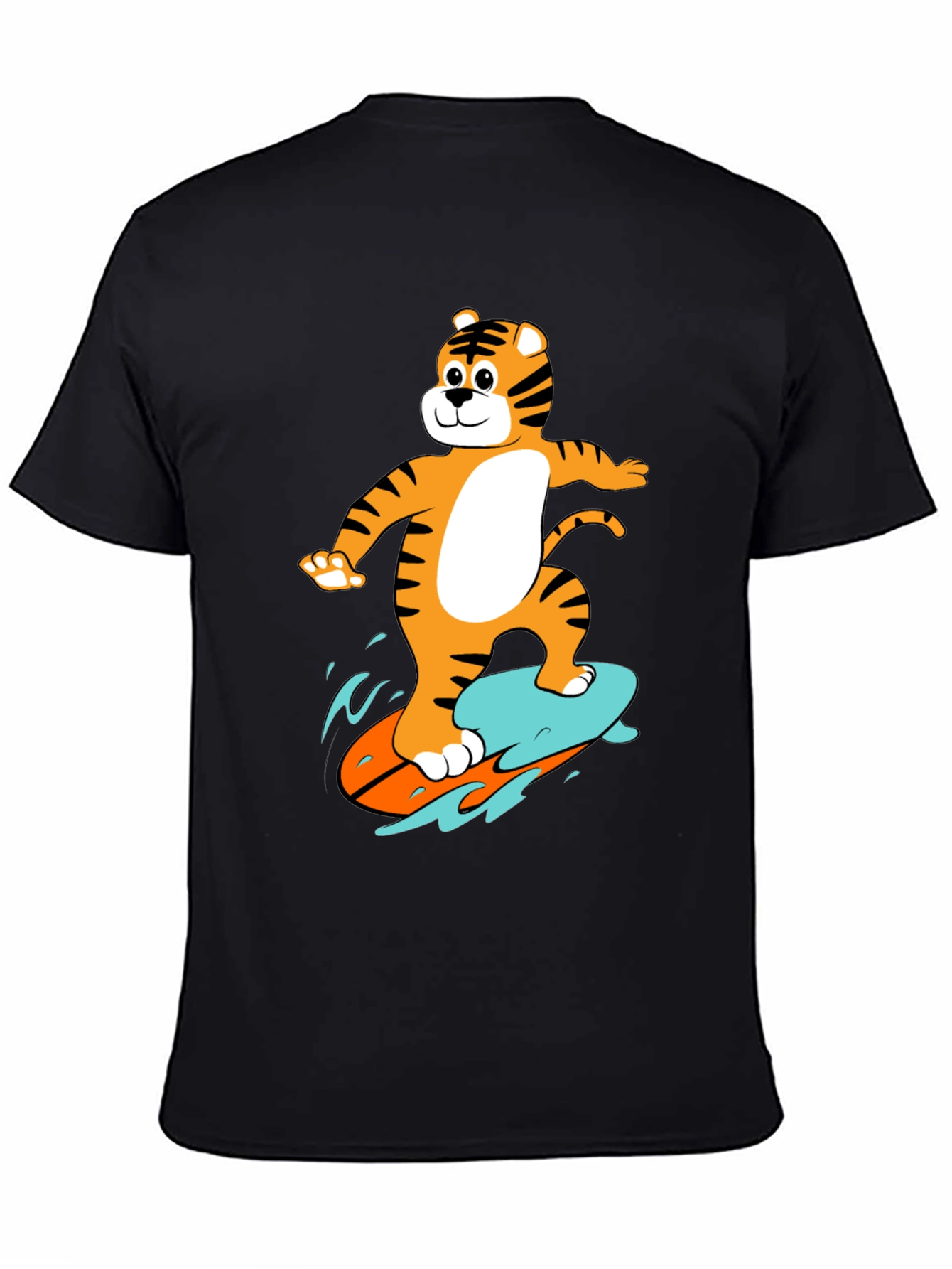 Tiger Surfing Graphic Tee - Black Cotton T-Shirt