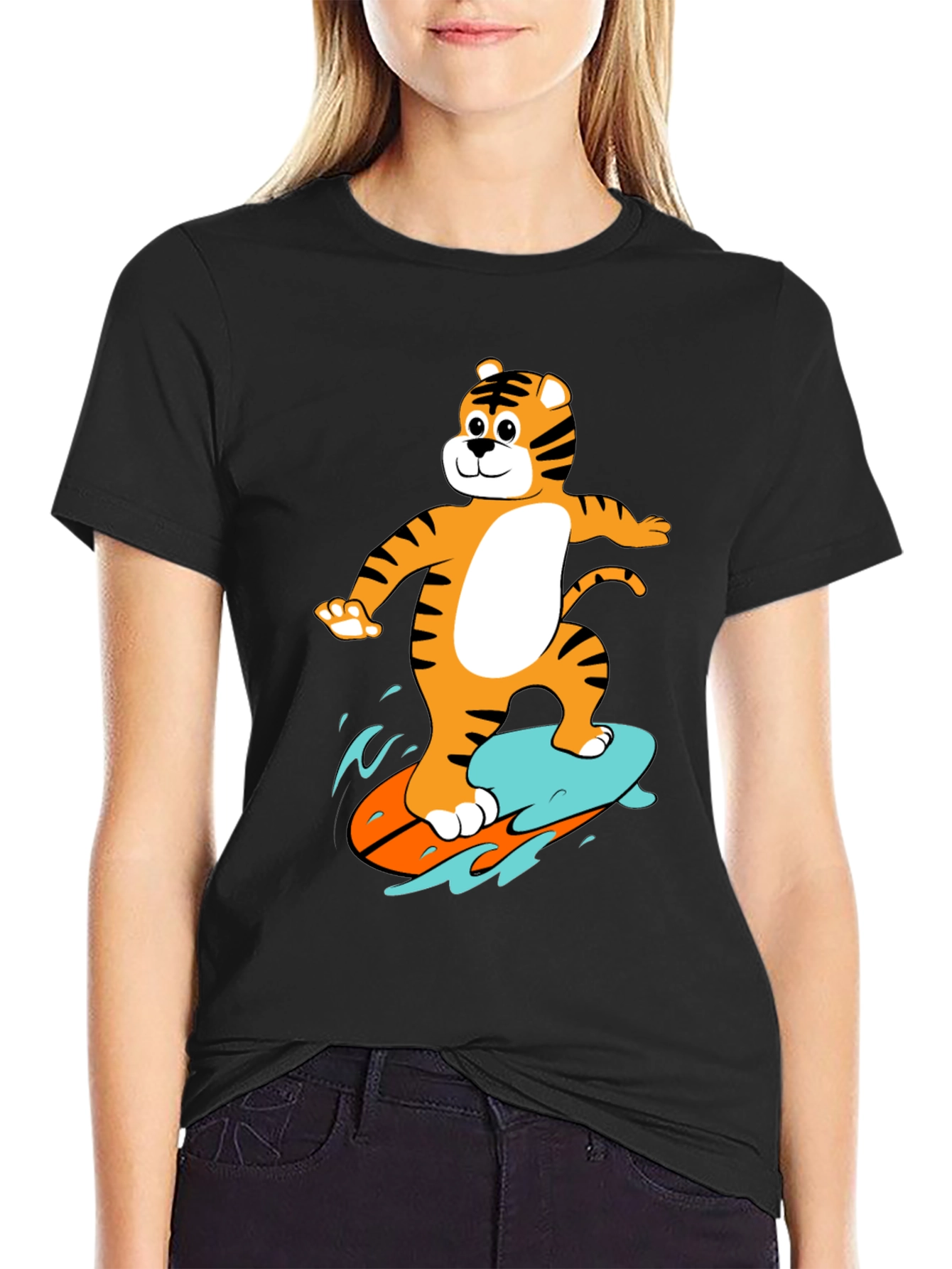Tiger Surfing Graphic Tee - Black Cotton T-Shirt