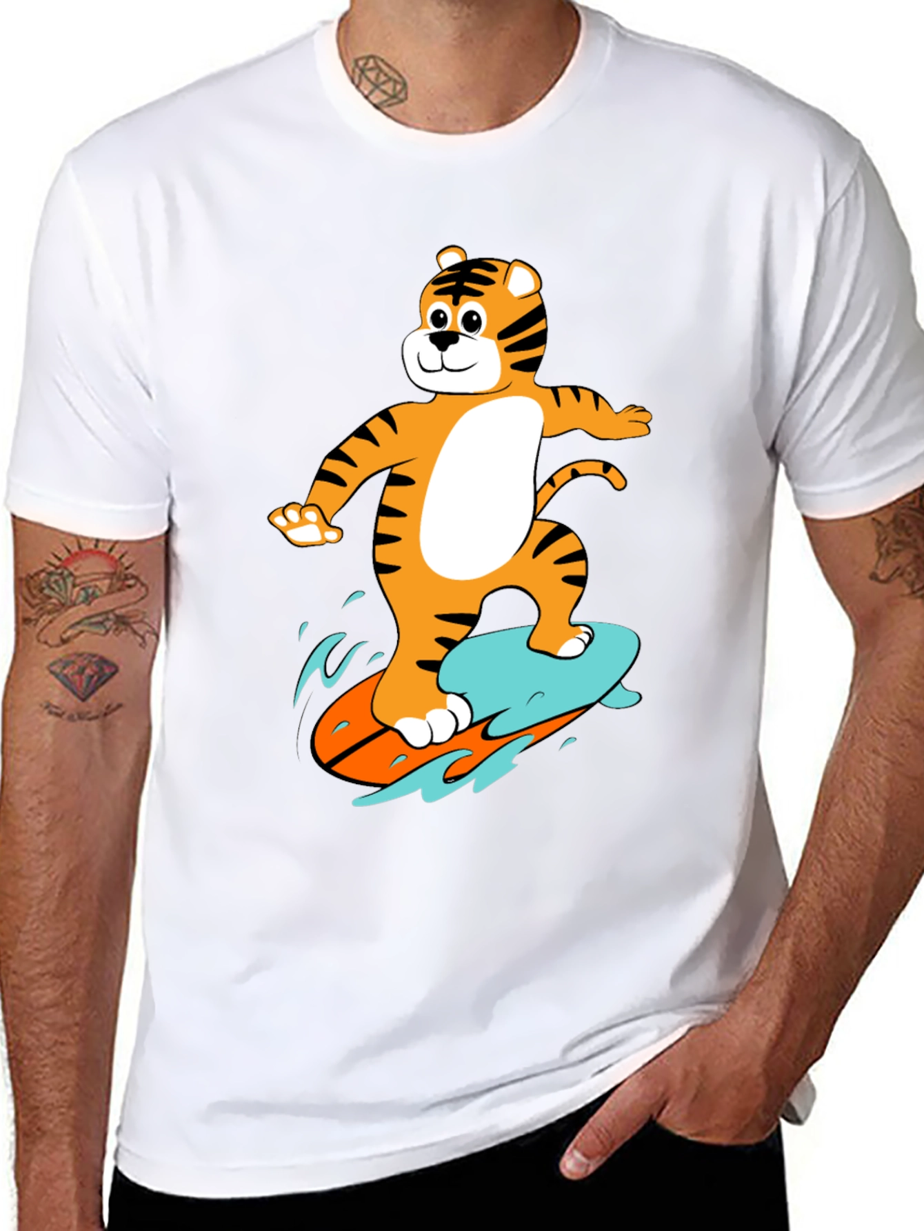 Tiger Surfing Graphic Tee - Black Cotton T-Shirt