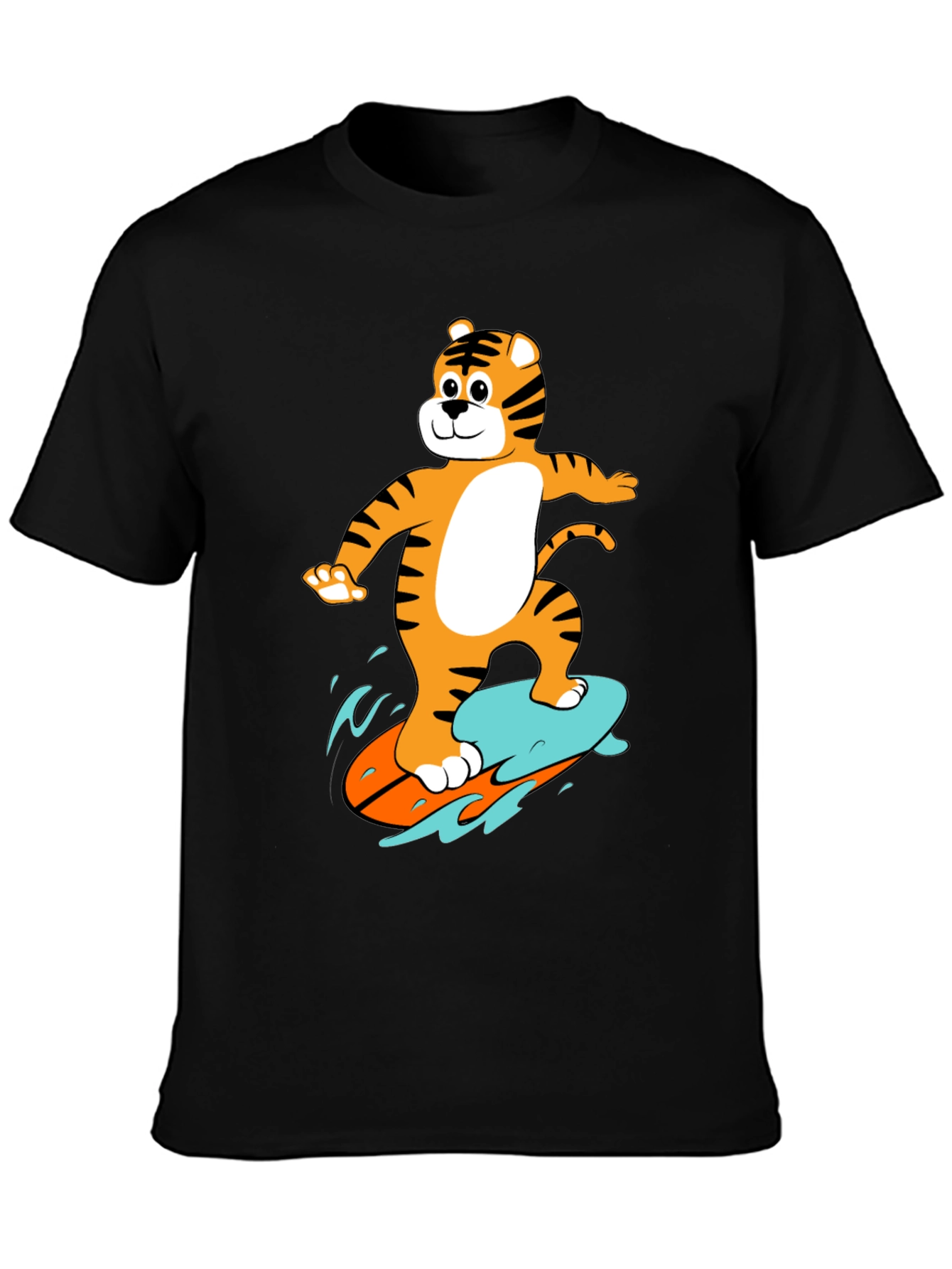 Tiger Surfing Graphic Tee - Black Cotton T-Shirt
