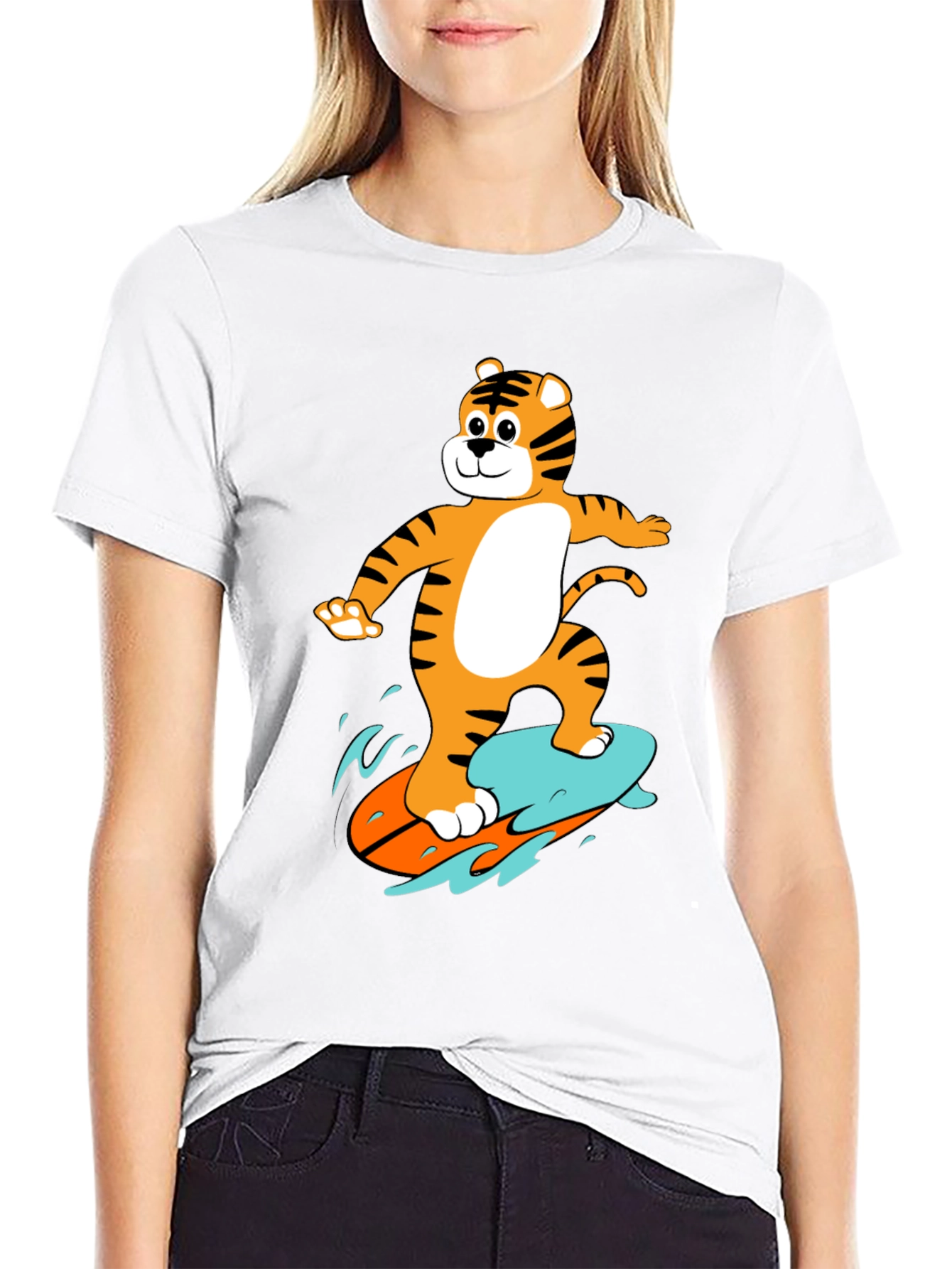 Tiger Surfing Graphic Tee - Black Cotton T-Shirt