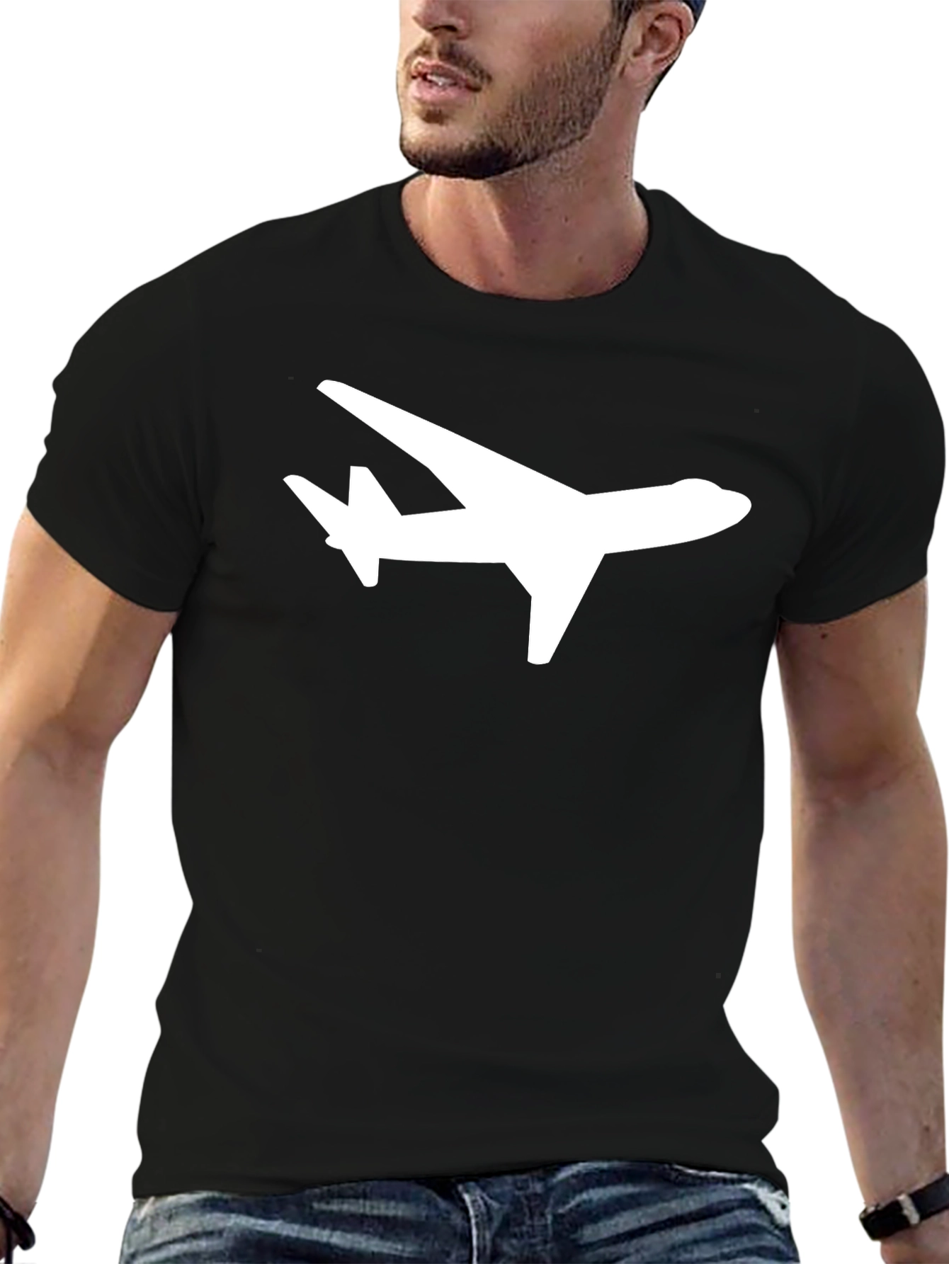 Airplane Graphic Tee - Stylish Black Crew Neck Shirt