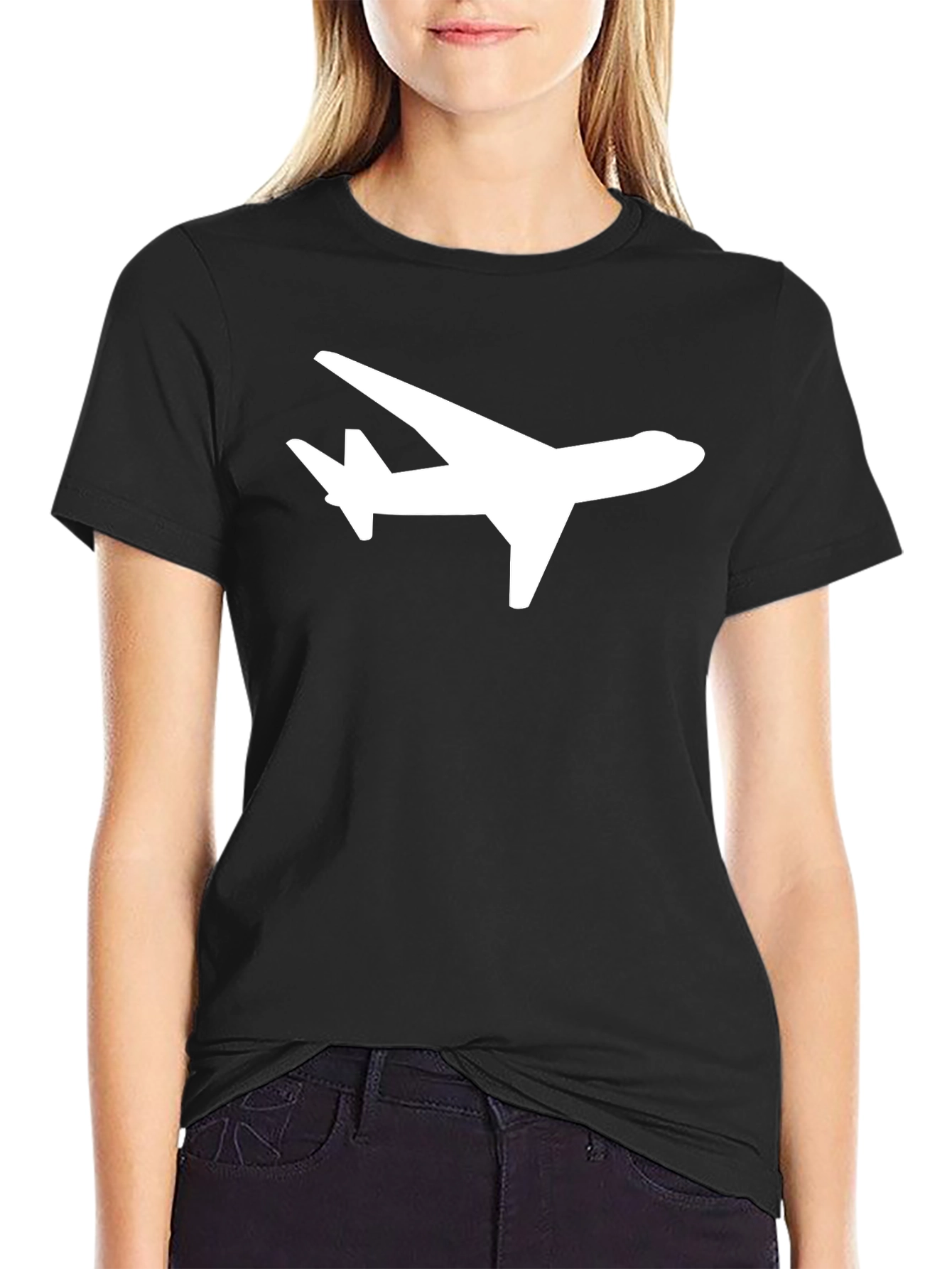 Airplane Graphic Tee - Stylish Black Crew Neck Shirt