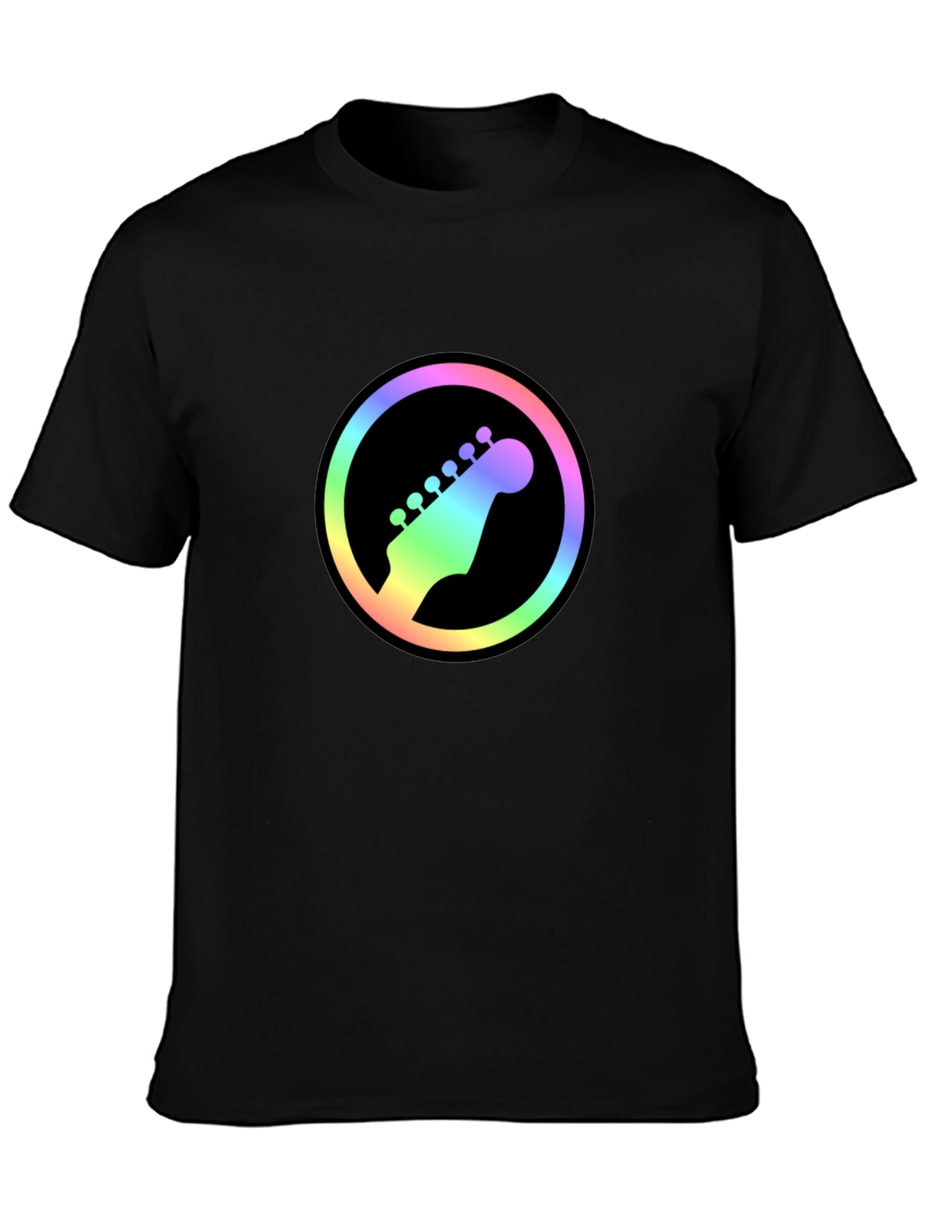 Rainbow Guitar Headstock Graphic Tee - Black Cotton Shirt