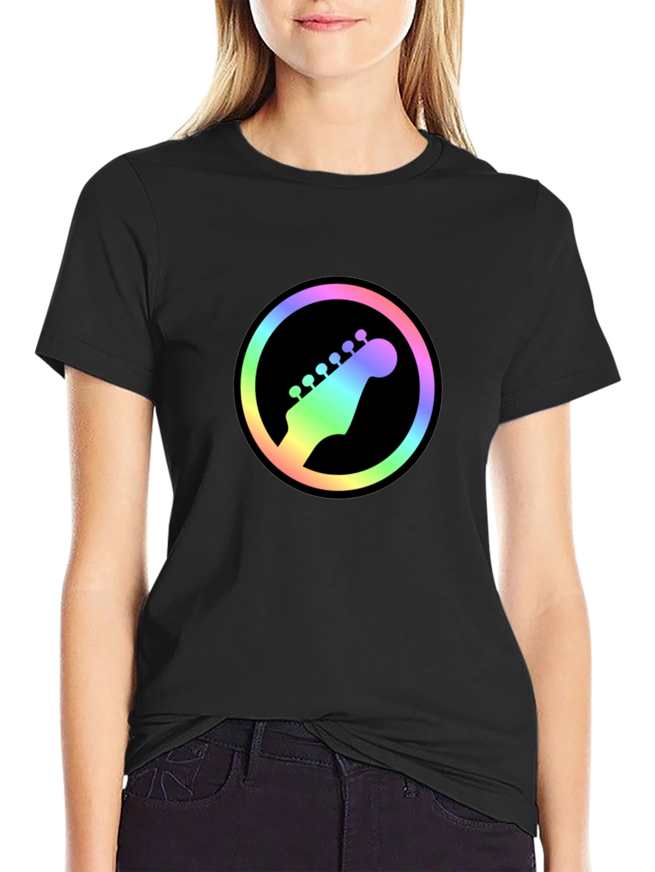 Rainbow Guitar Headstock Graphic Tee - Black Cotton Shirt