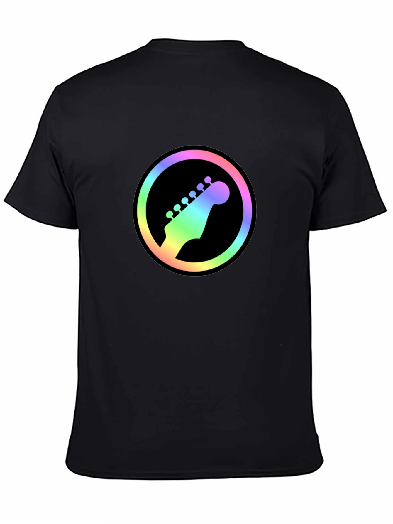 Rainbow Guitar Headstock Graphic Tee - Black Cotton Shirt