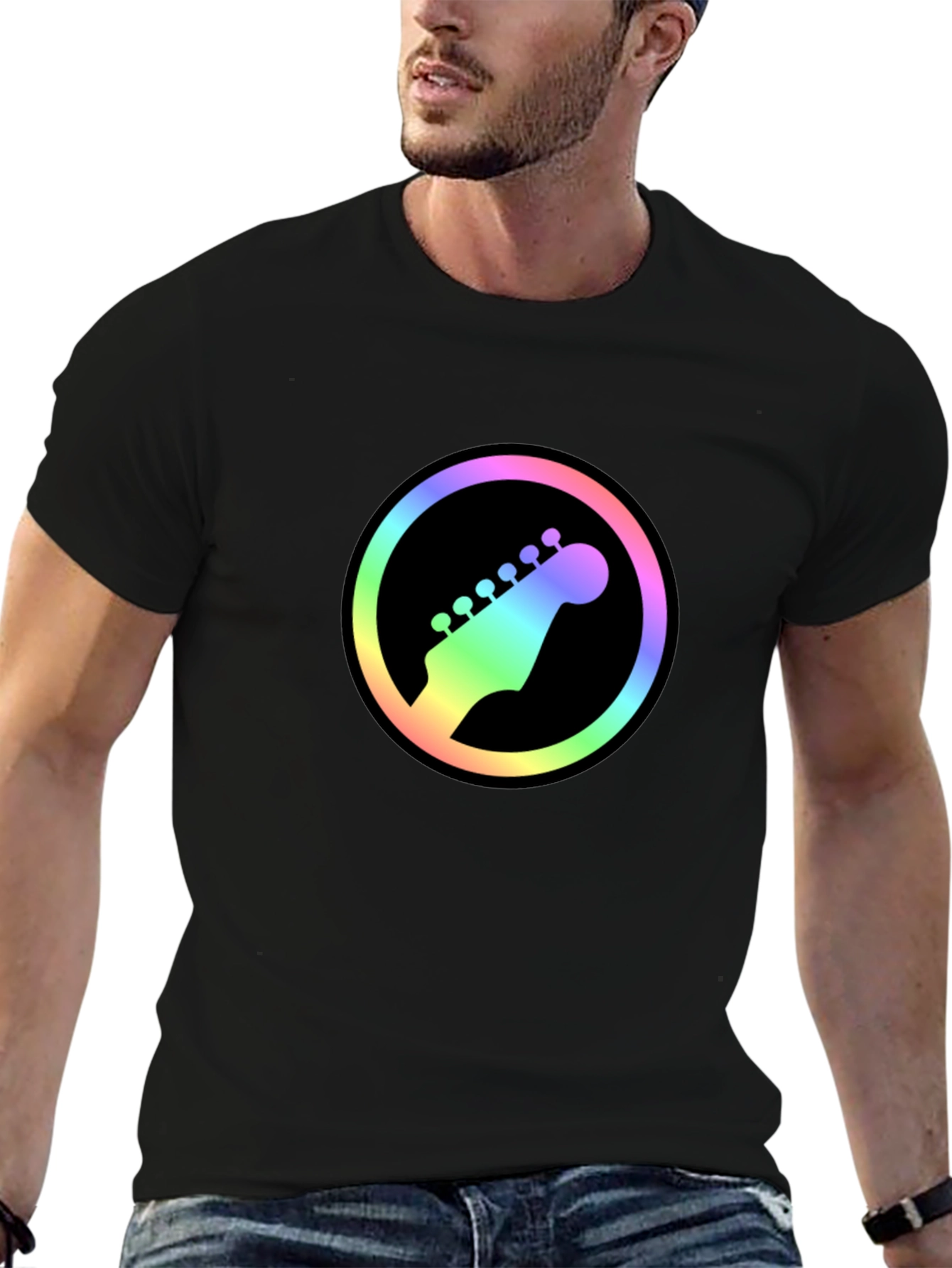 Rainbow Guitar Headstock Graphic Tee - Black Cotton Shirt