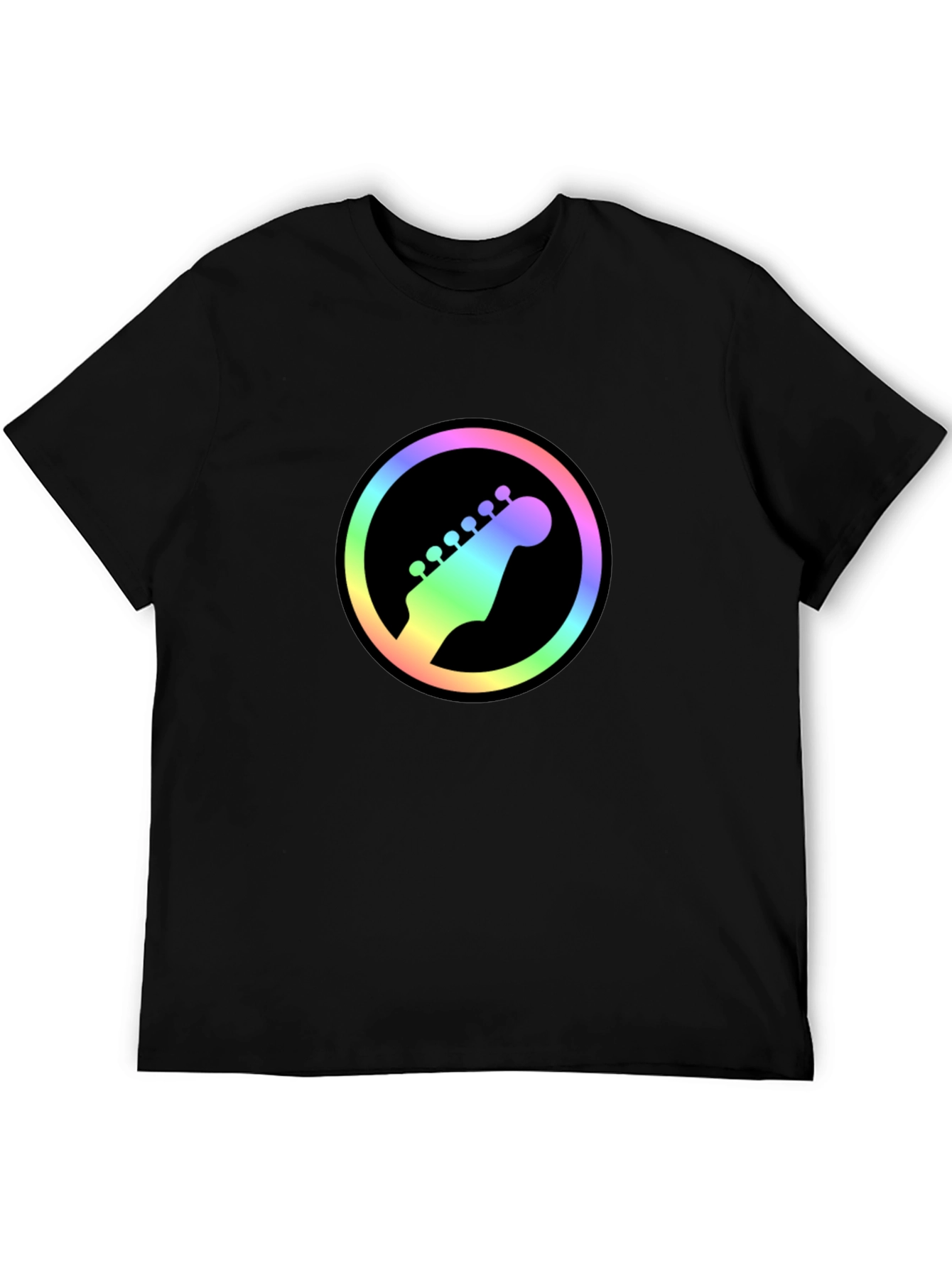 Rainbow Guitar Headstock Graphic Tee - Black Cotton Shirt
