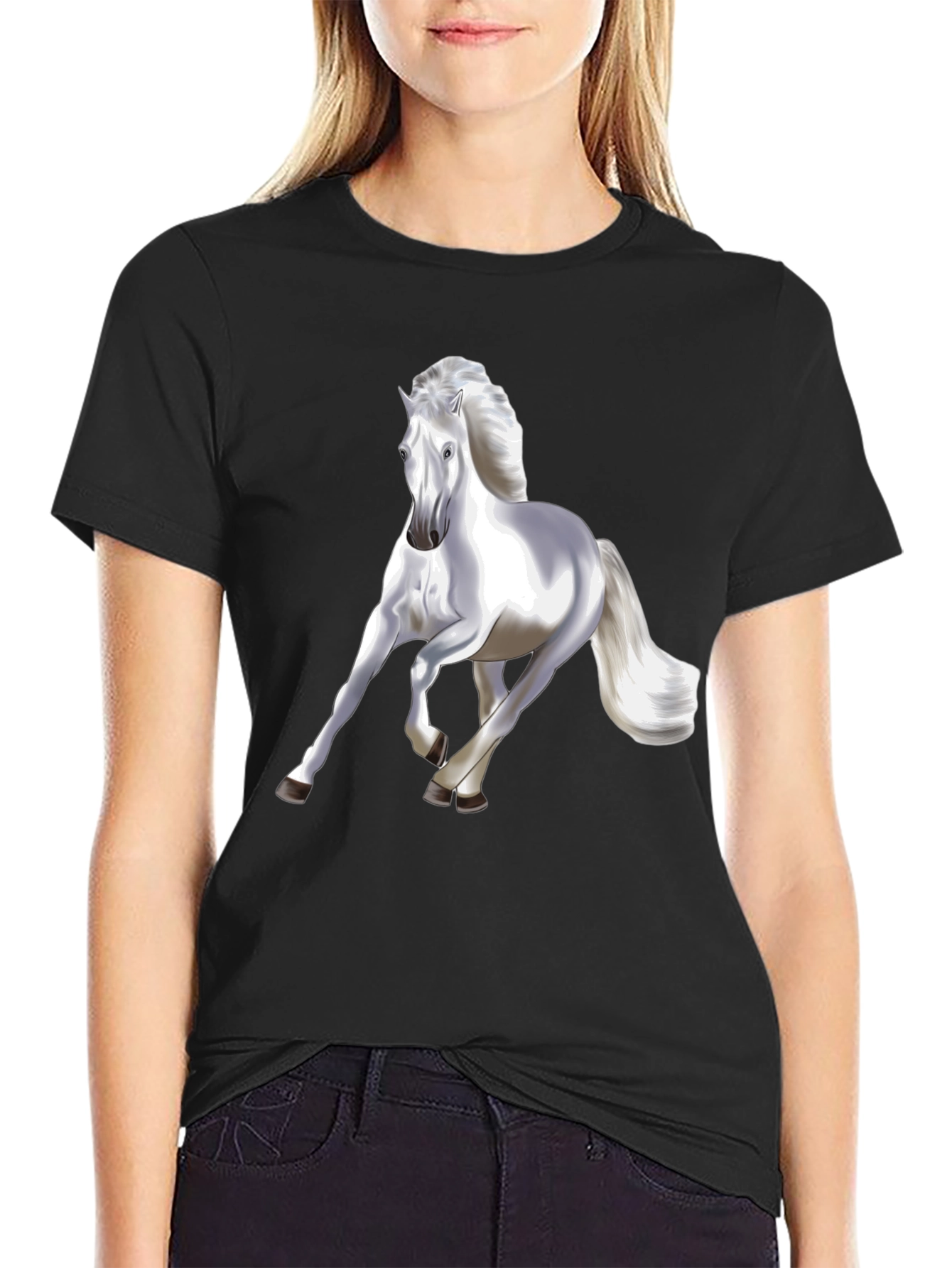Majestic White Horse Graphic T-Shirt - Black