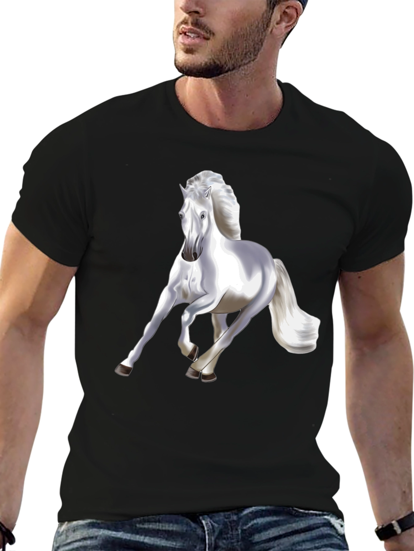 Majestic White Horse Graphic T-Shirt - Black