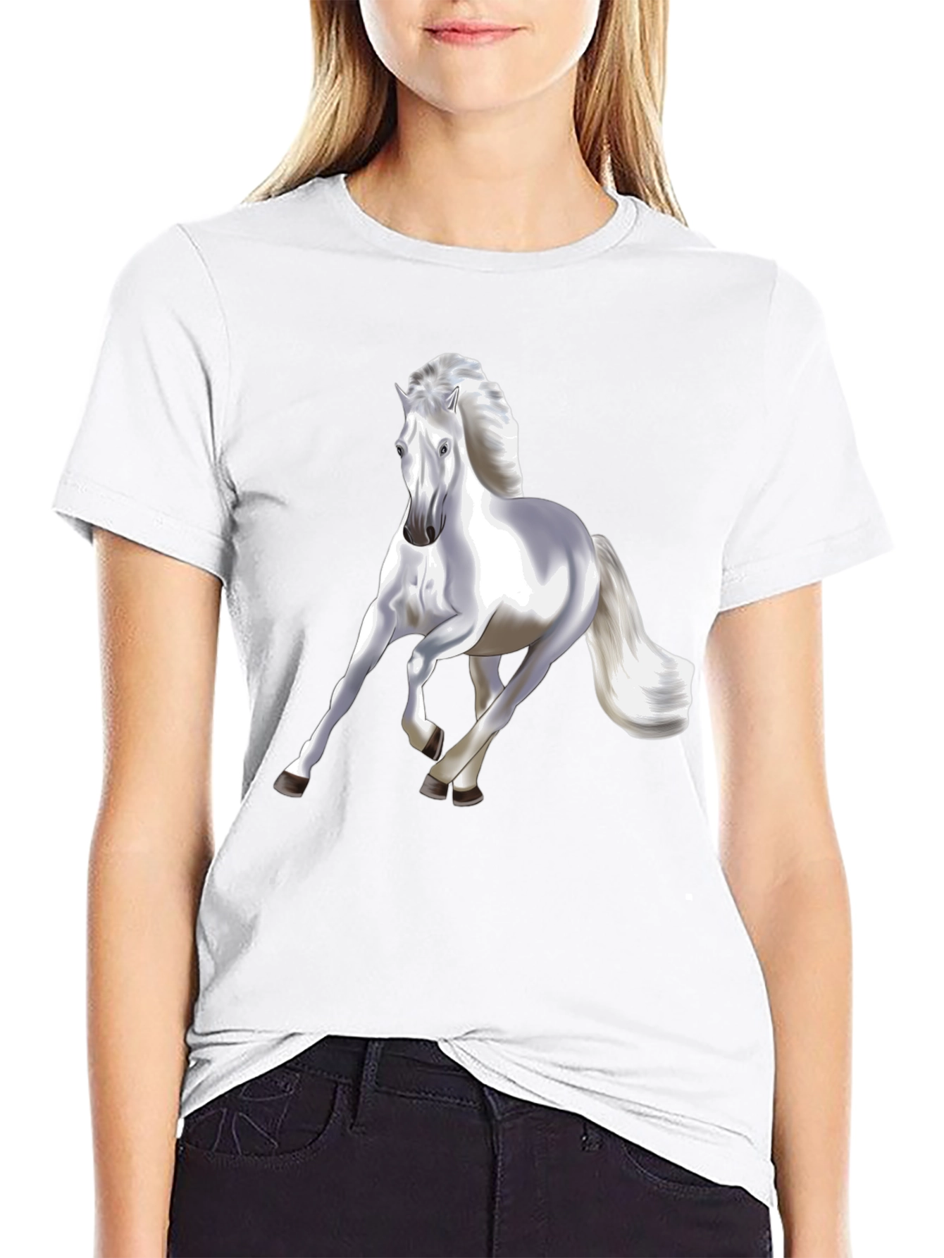 Majestic White Horse Graphic T-Shirt - Black