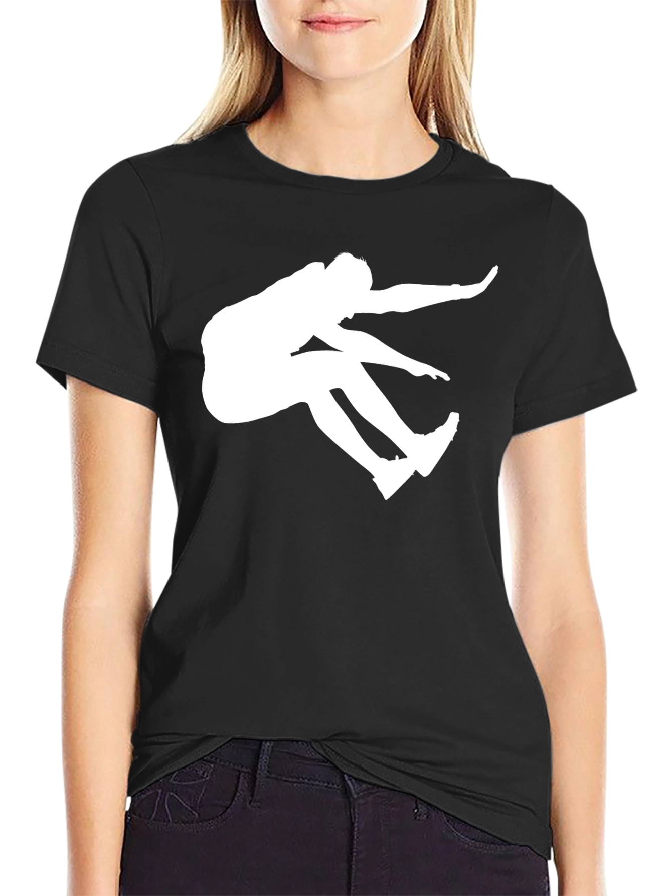 Black T-Shirt with White Long Jump Silhouette