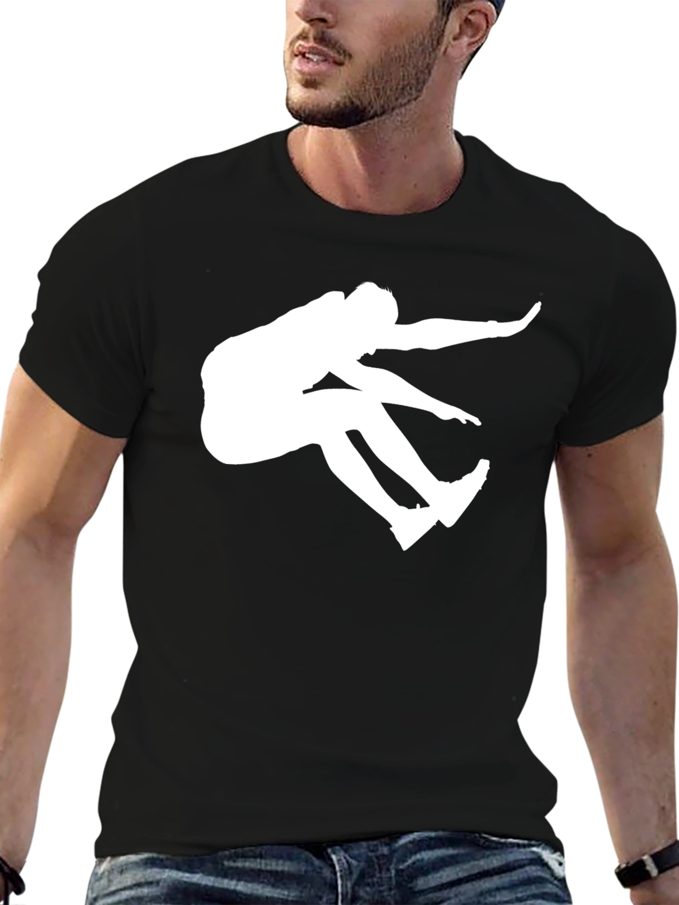 Black T-Shirt with White Long Jump Silhouette
