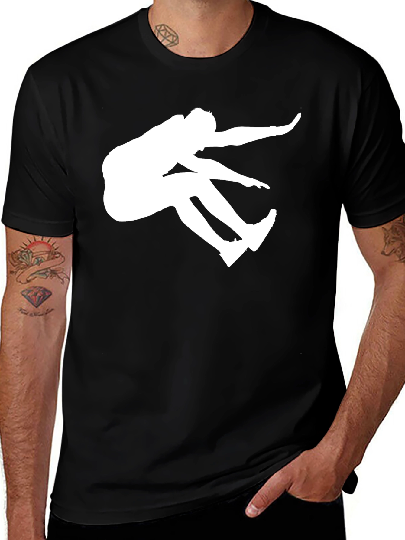 Black T-Shirt with White Long Jump Silhouette