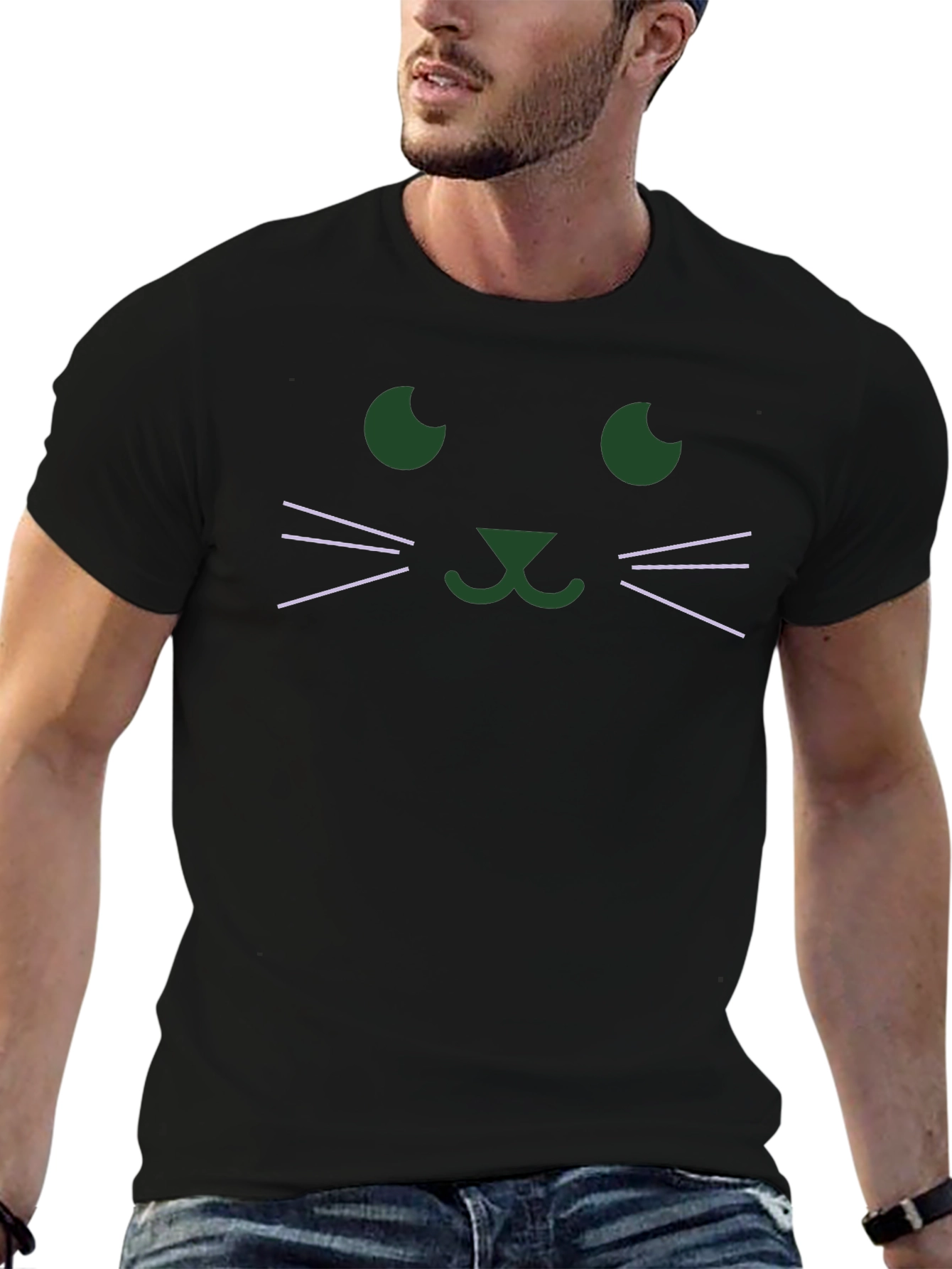 Cute Cat Face Graphic T-Shirt - Black