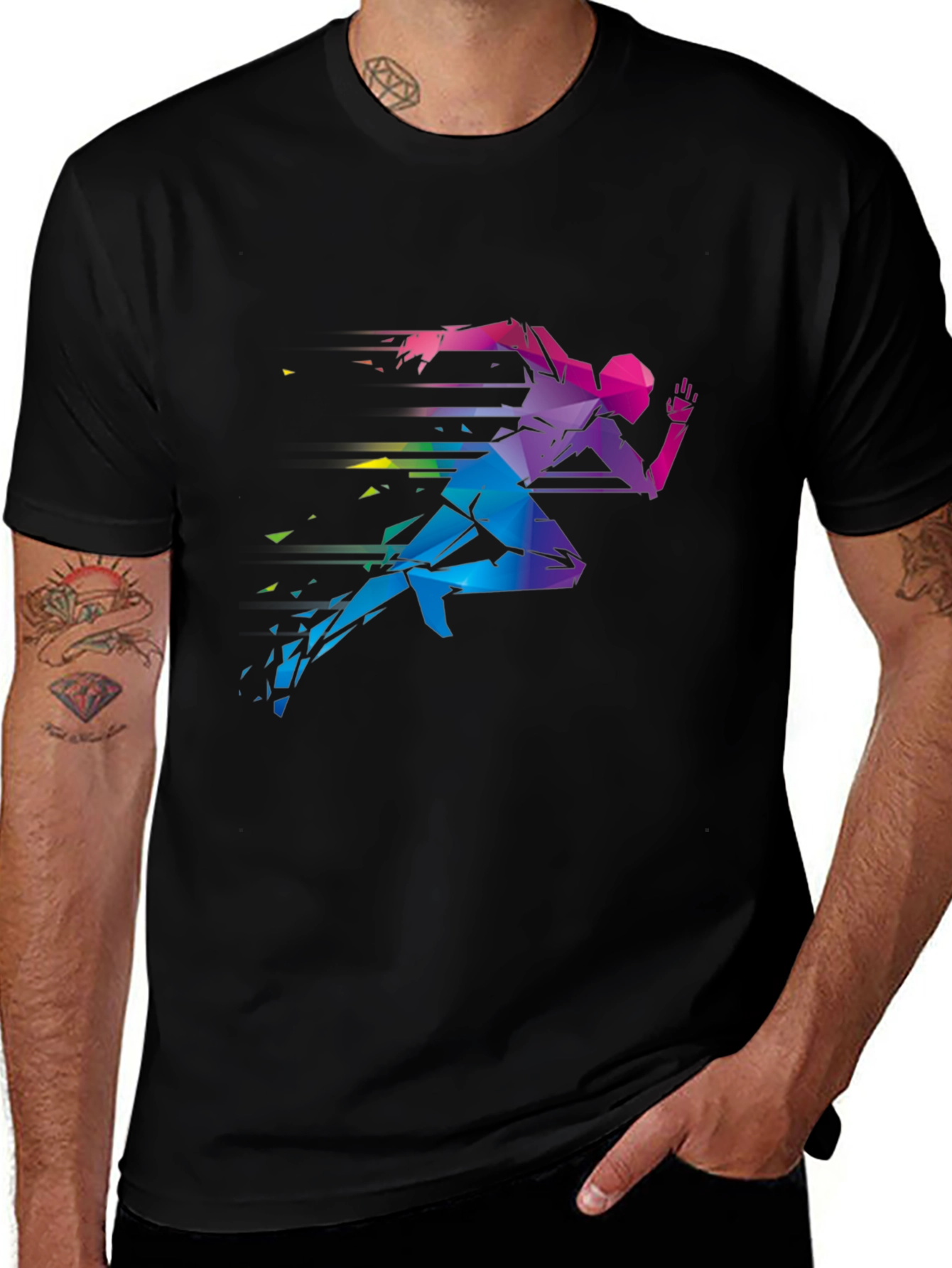 Geometric Runner Graphic Print Black T-Shirt