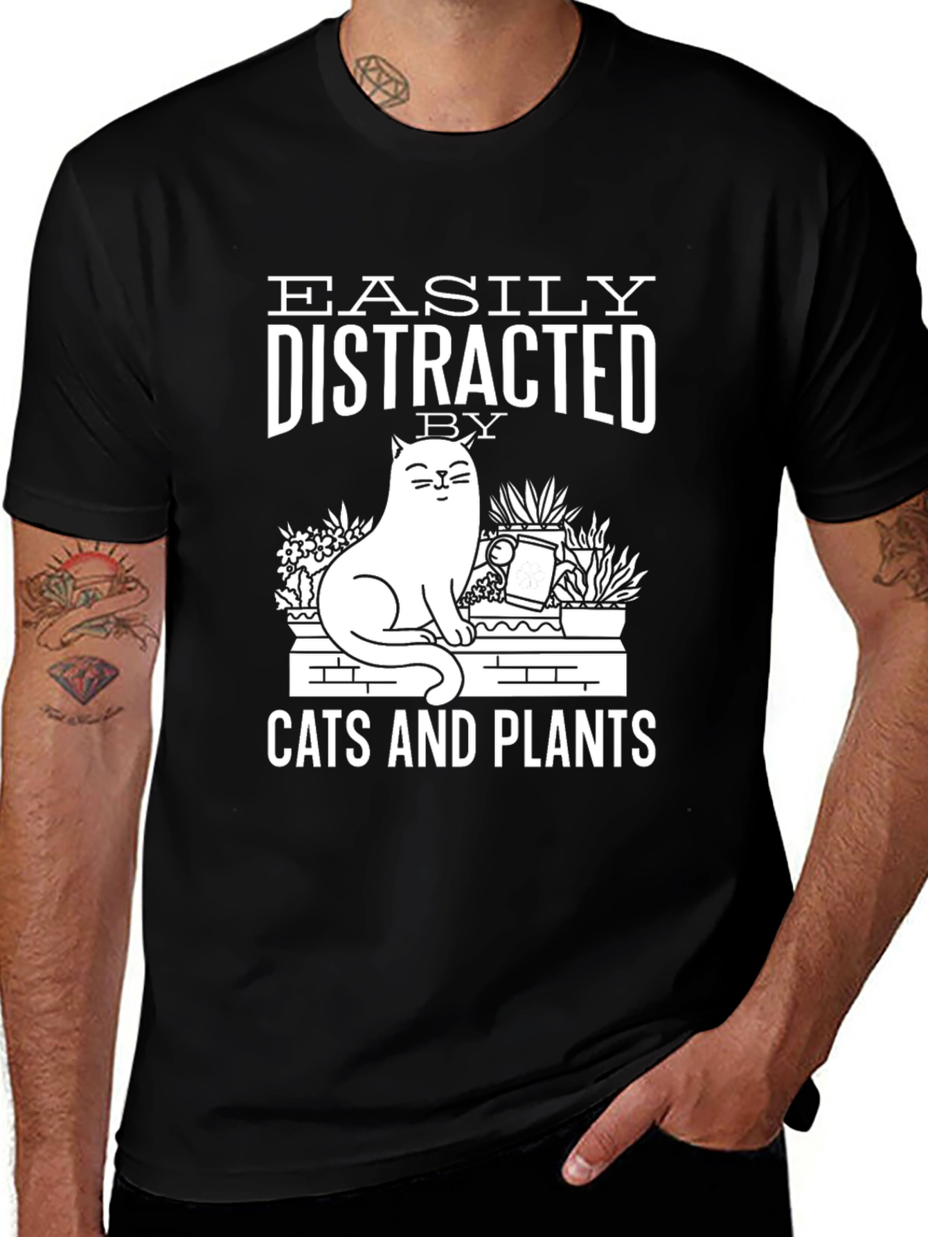 Easily Distracted by Cats and Plants Black T-Shirt