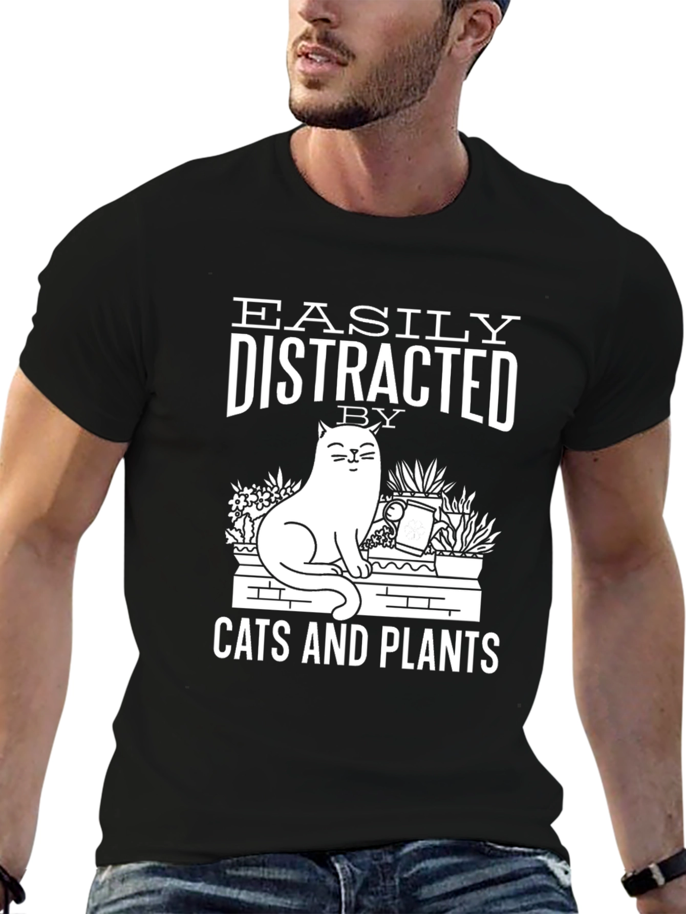 Easily Distracted by Cats and Plants Black T-Shirt