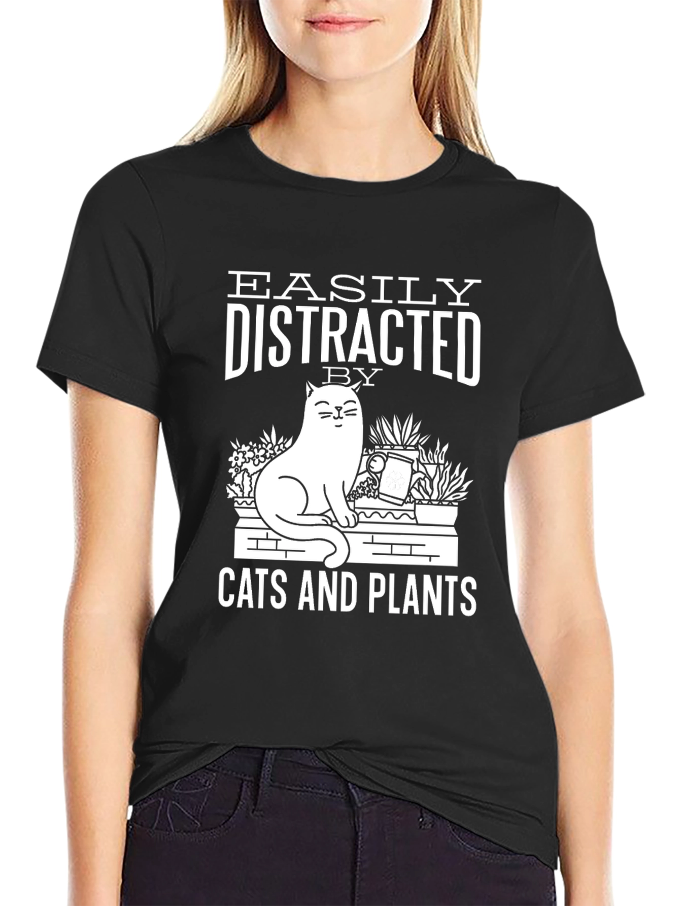 Easily Distracted by Cats and Plants Black T-Shirt