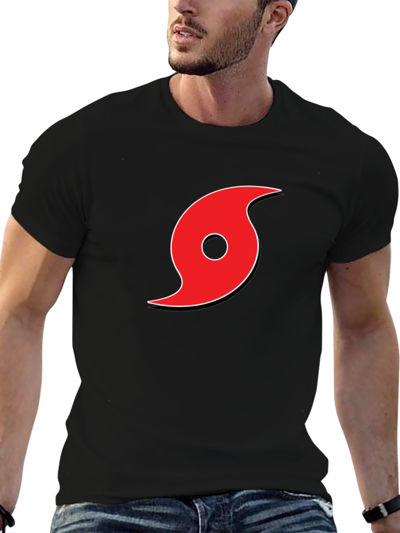 Black Tee with Red Hurricane Graphic