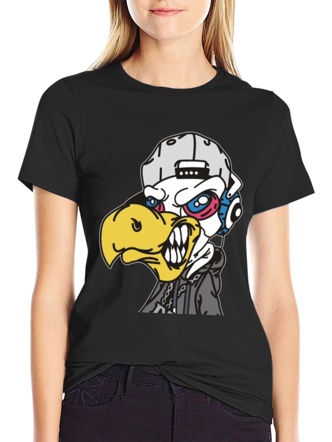 Edgy Cartoon Eagle Graphic T-Shirt