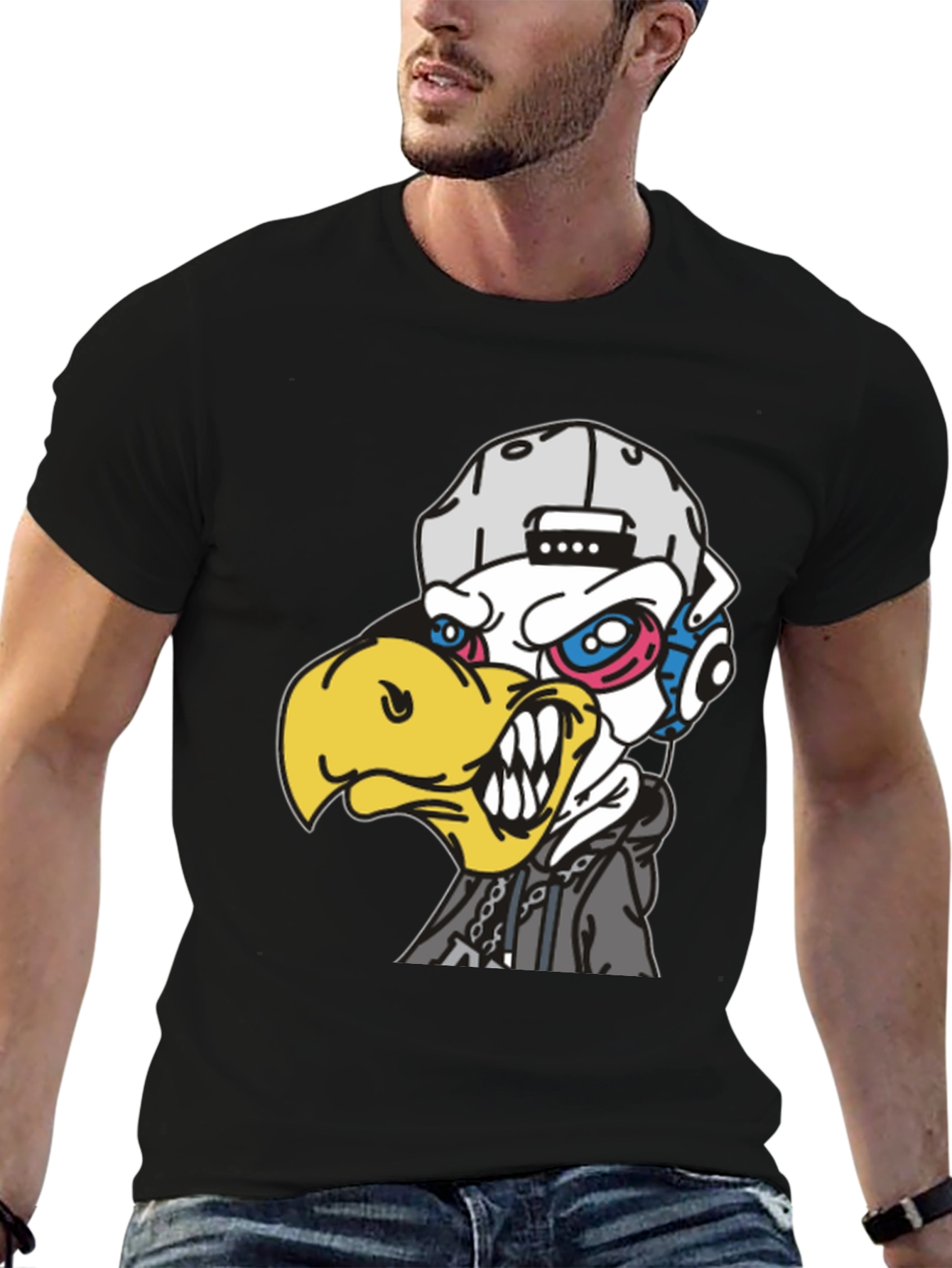 Edgy Cartoon Eagle Graphic T-Shirt