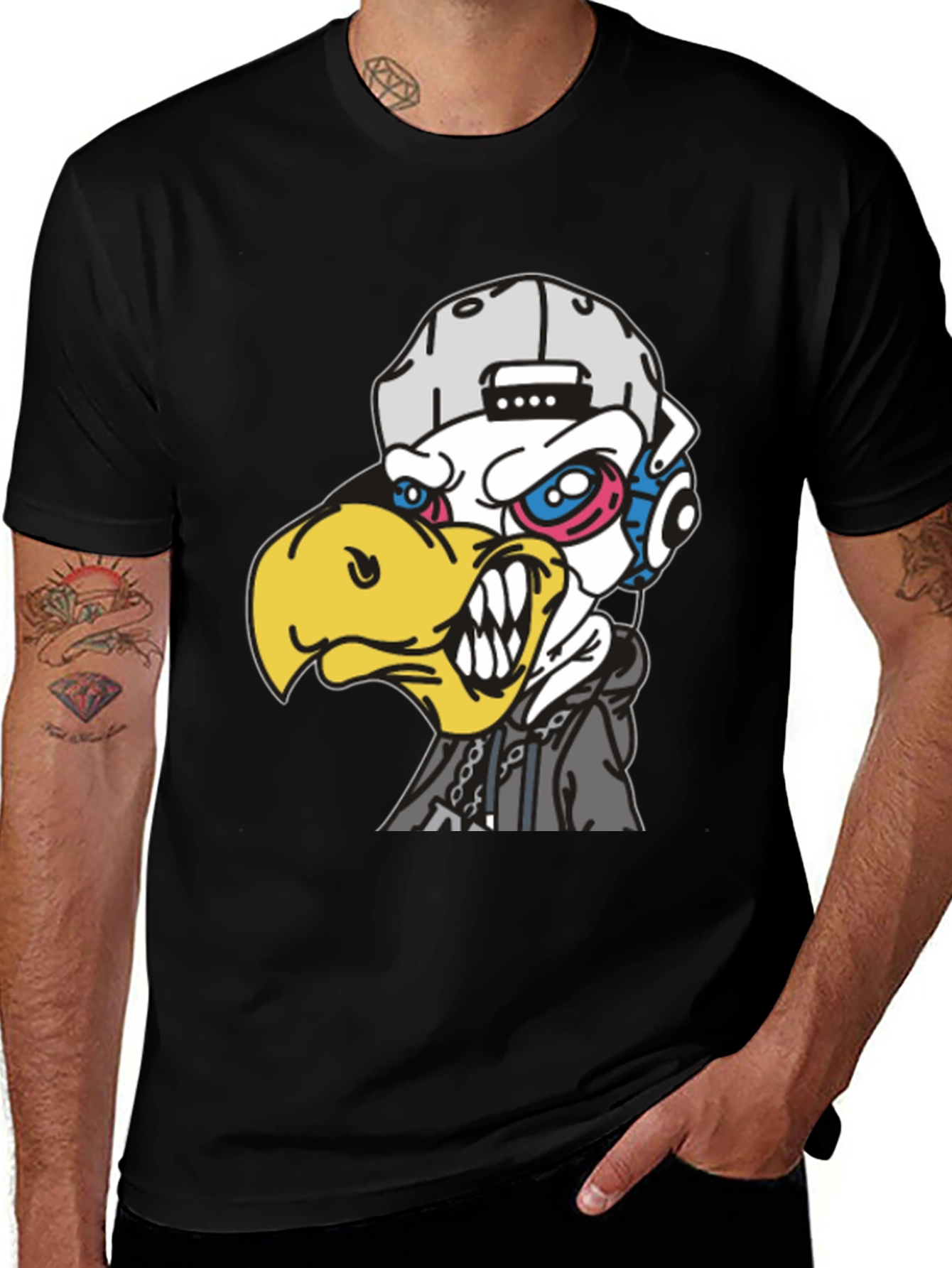 Edgy Cartoon Eagle Graphic T-Shirt